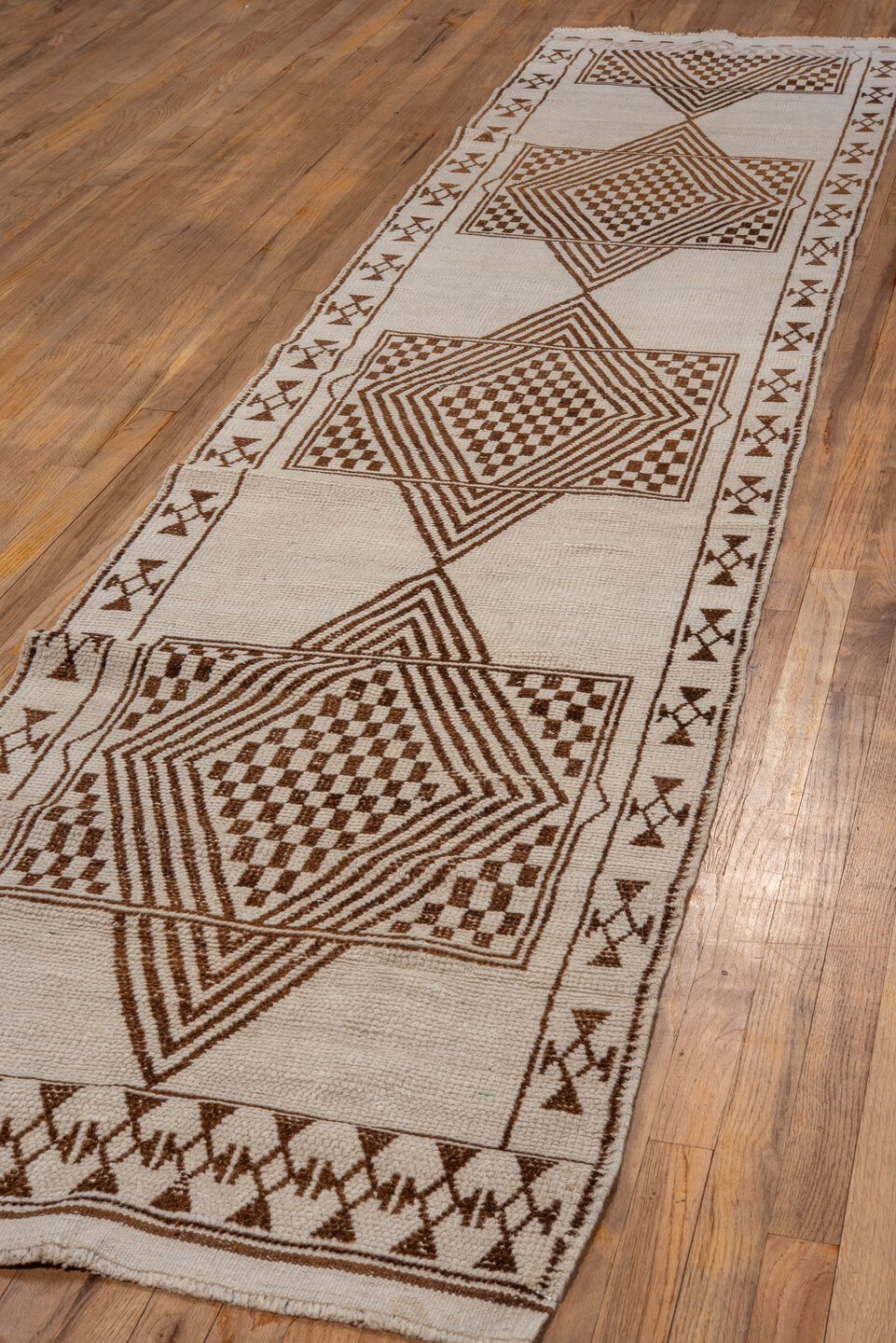 2' x 12' one-of-a-kind handmade antique Kars runner rug. Color palette: ivory, brown, taupe, beige, gray