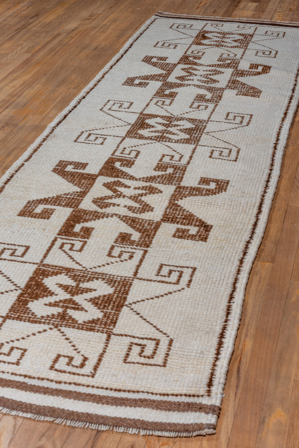 3' x 10' one-of-a-kind handmade vintage Kars runner rug. Color palette: brown, gainsboro, gray, light gray, linen, off-white