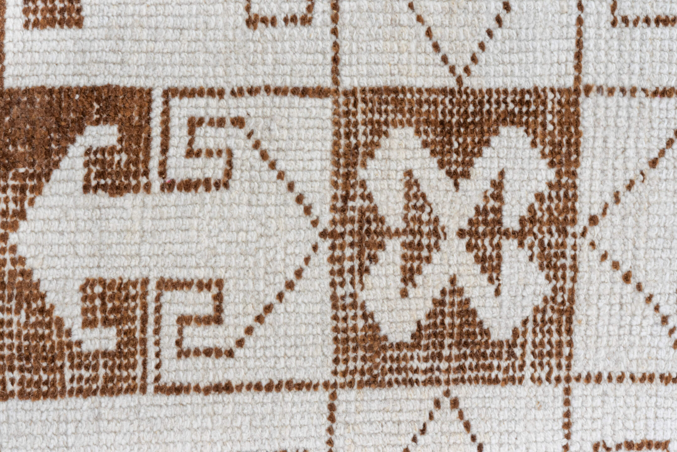 3' x 10' one-of-a-kind handmade vintage Kars runner rug. Color palette: brown, gainsboro, gray, light gray, linen, off-white