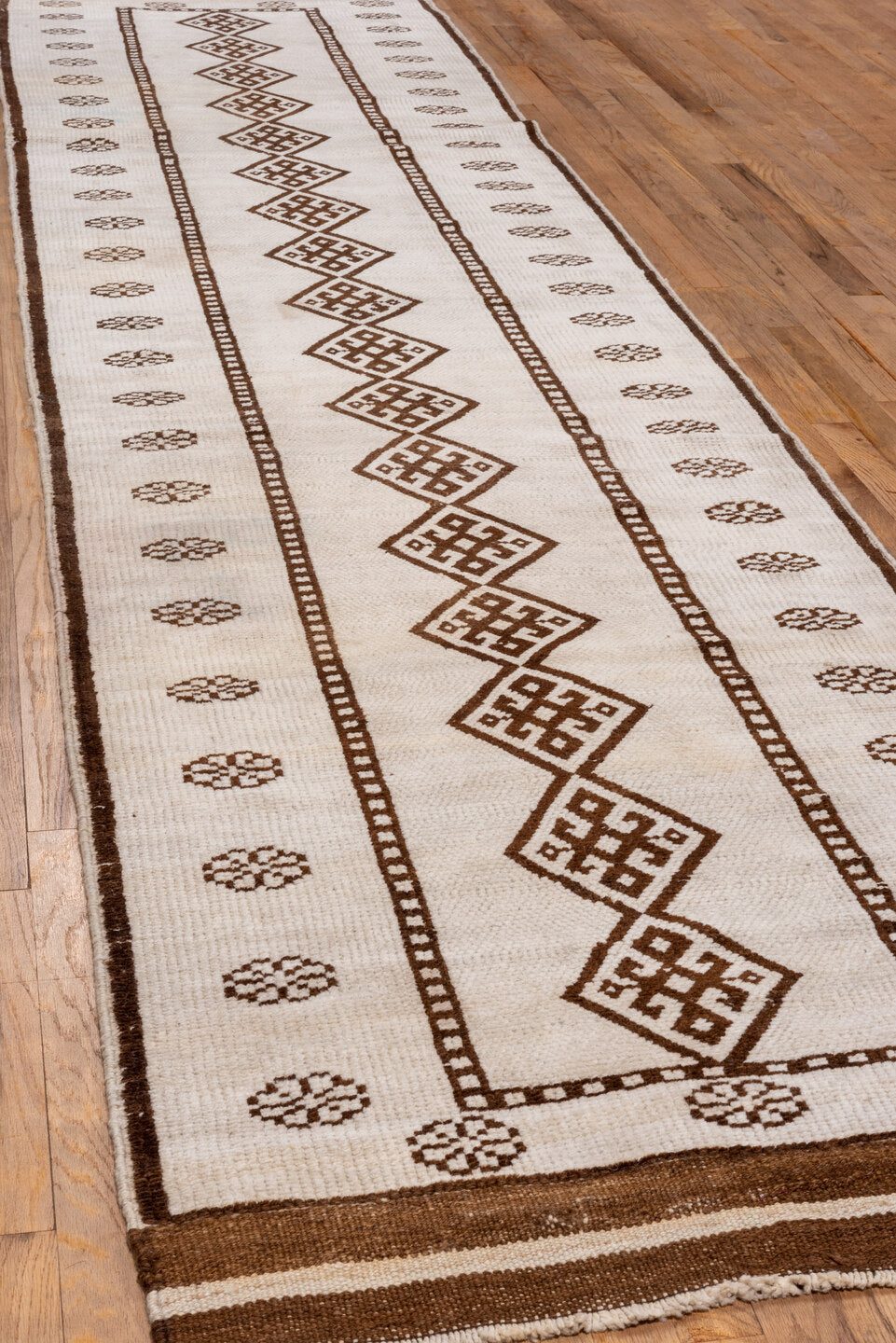 3' x 13' one-of-a-kind handmade vintage Kars runner rug. Color palette: brown, gray, light gray, off-white, pink, redwood