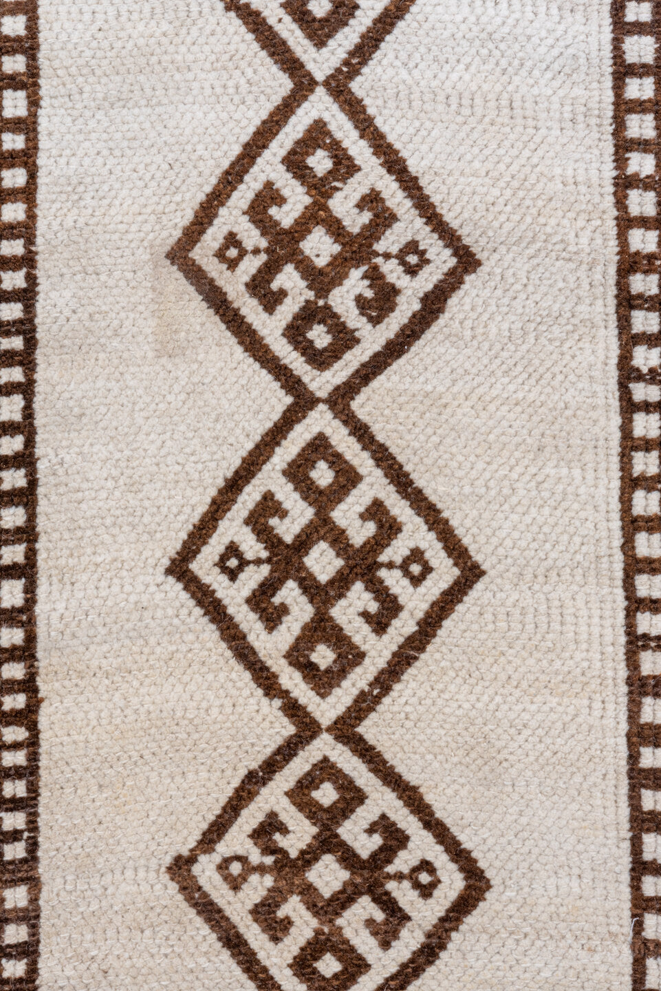 3' x 13' one-of-a-kind handmade antique Kars runner rug. Color palette: ivory, brown, taupe, beige, gray