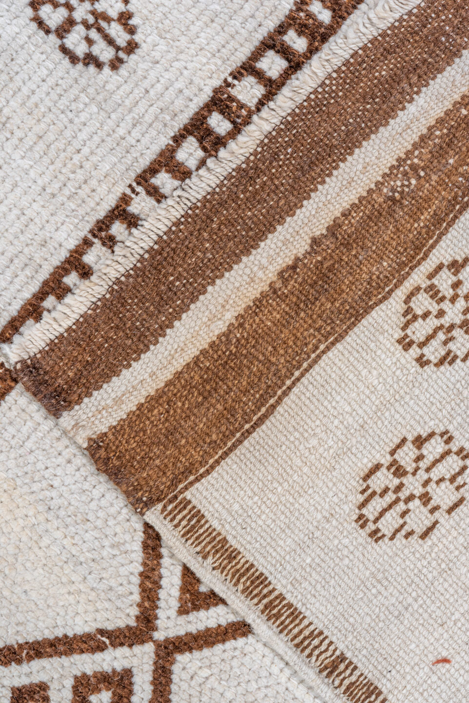 3' x 13' one-of-a-kind handmade vintage Kars runner rug. Color palette: brown, gray, light gray, off-white, pink, redwood