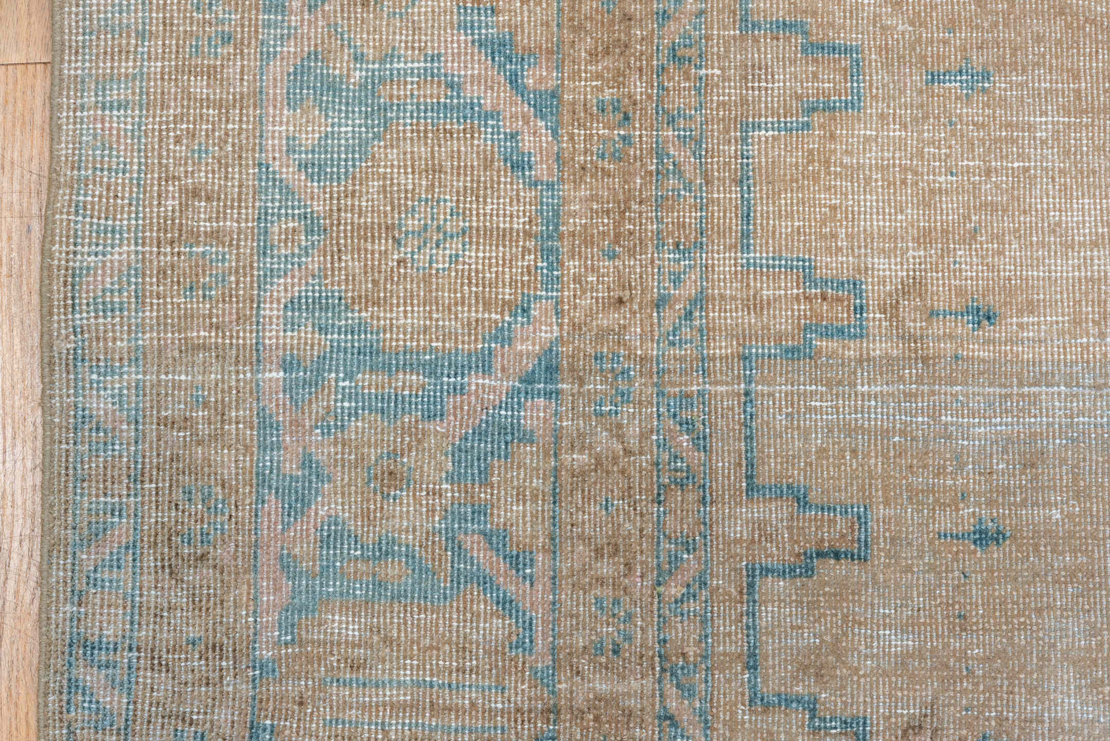 7' x 10' one-of-a-kind handmade antique Veece large size rug. Color palette: beige, sky_blue, taupe, ivory, camel