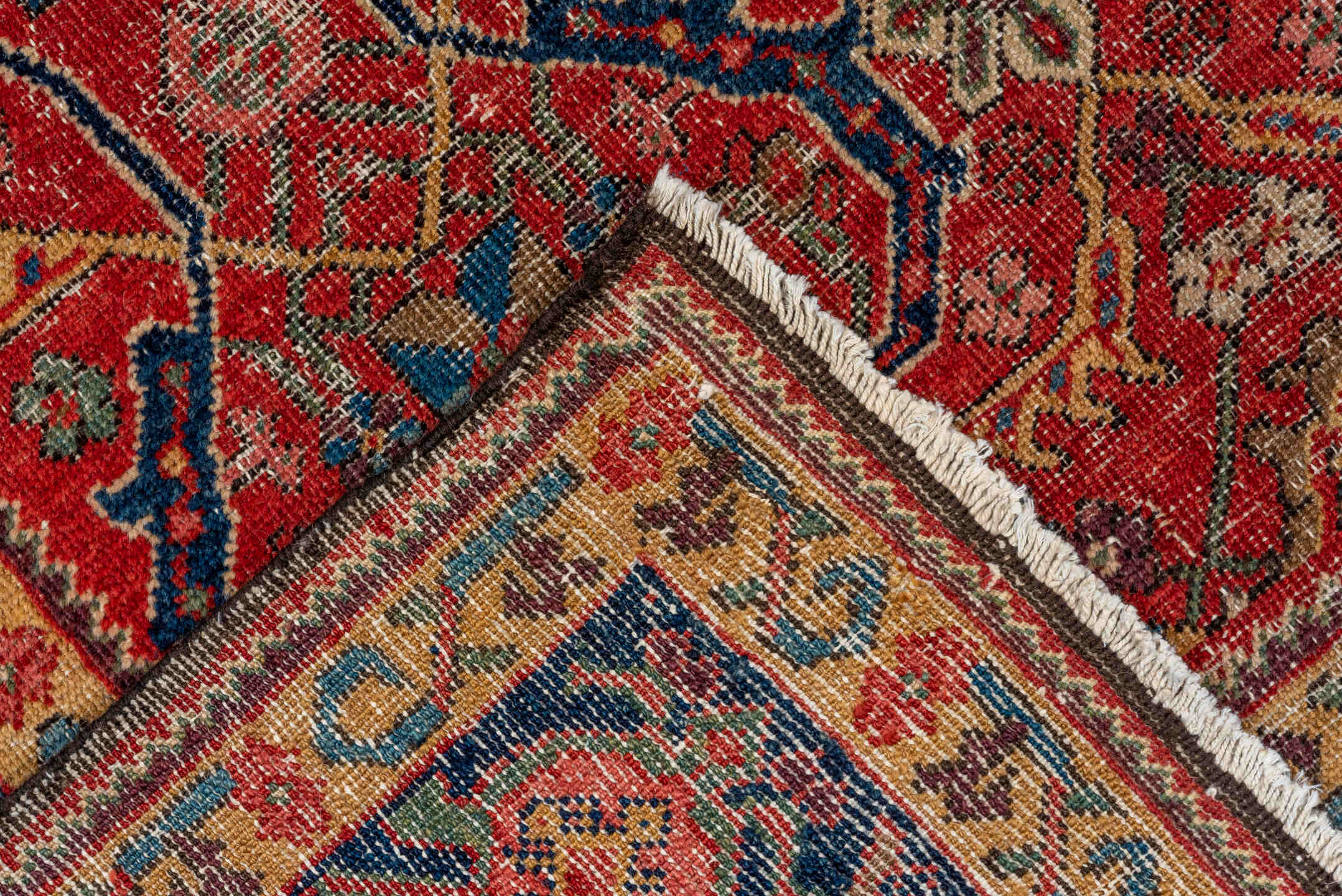 8' x 12' one-of-a-kind handmade vintage Mahal large size rug. Color palette: red, navy, ivory, rust, gold, slate, camel