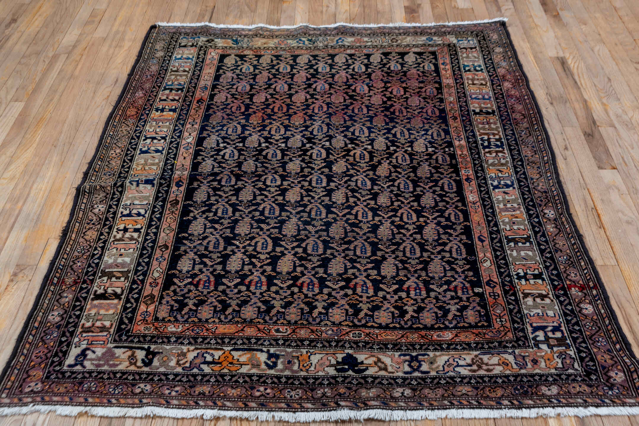 4' x 6' one-of-a-kind handmade vintage Malayer small size rug. Color palette: black, brown, gray, pink, red, redwood, sienna