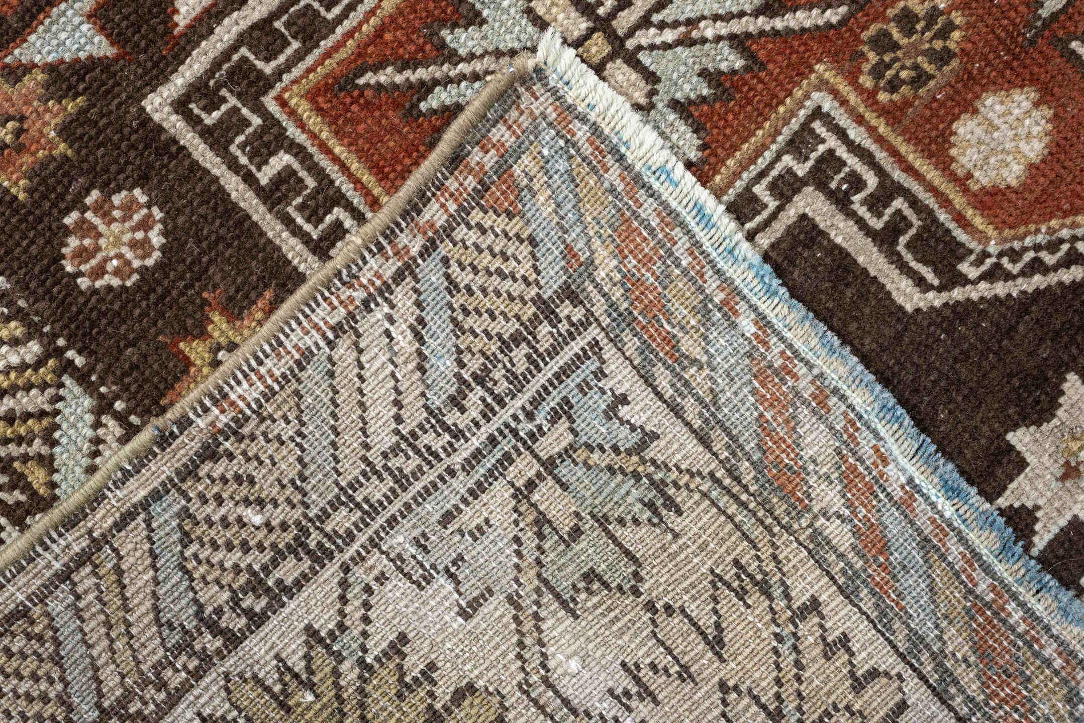 3' x 5' one-of-a-kind handmade antique Shirvan small size rug. Color palette: ivory, dark brown, rust, pale sage, sky blue
