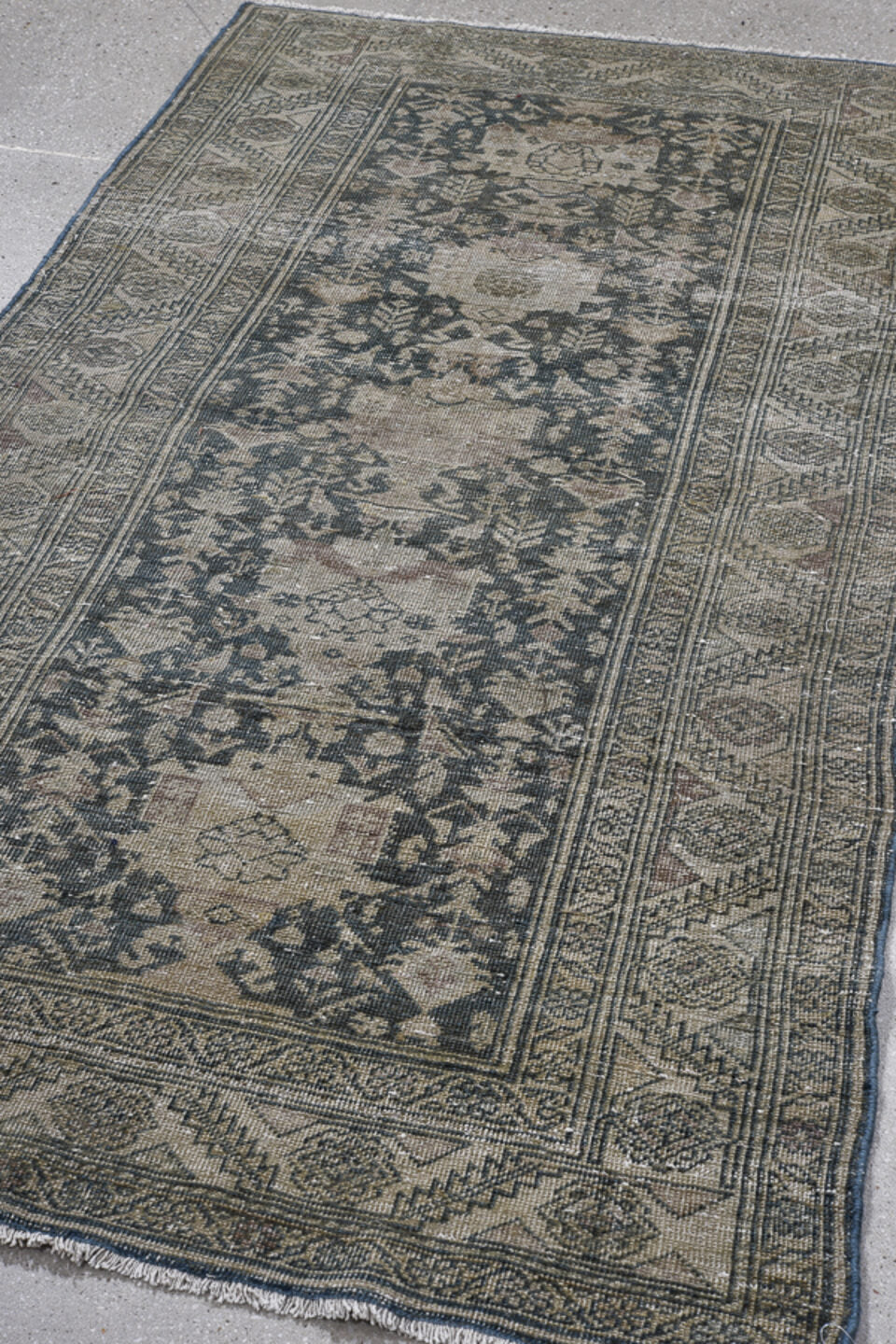 3' x 7' one-of-a-kind handmade vintage Sarab runner rug. Color palette: black, blue, charcoal, dark gray, dim gray, gray