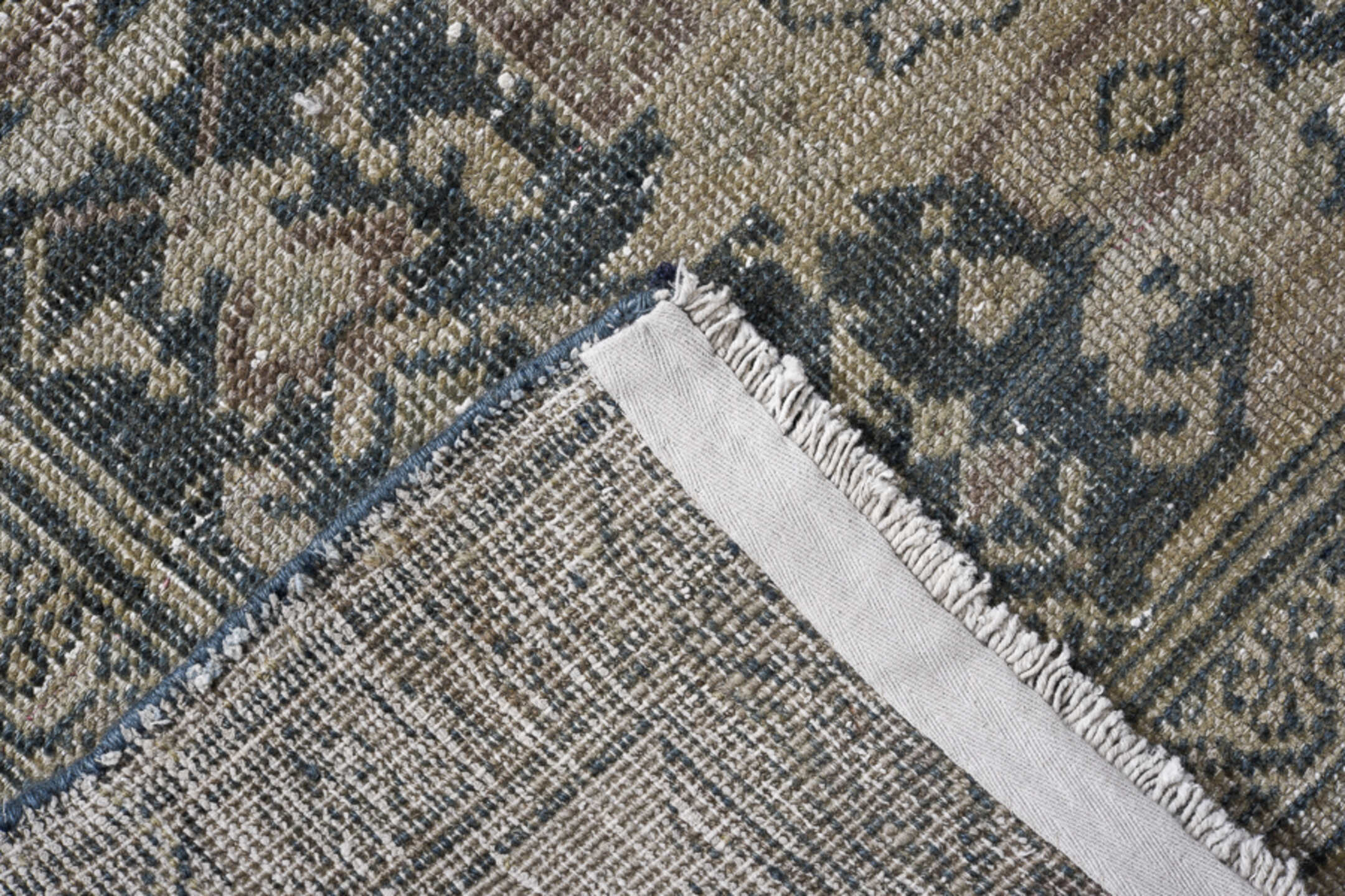 3' x 7' one-of-a-kind handmade vintage Sarab runner rug. Color palette: black, blue, charcoal, dark gray, dim gray, gray