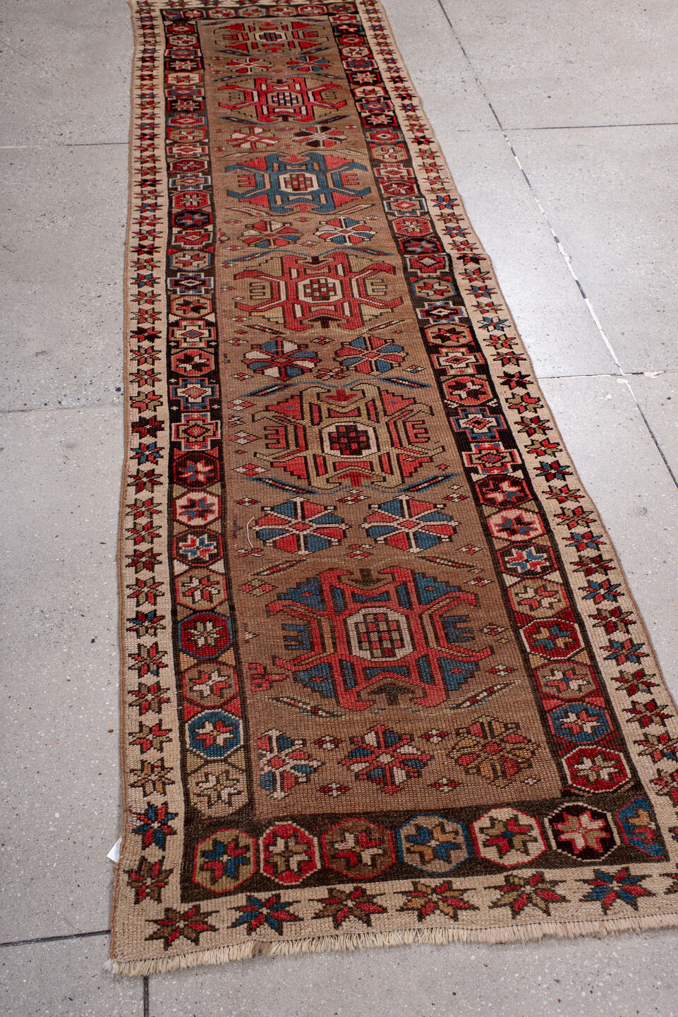 2' x 9' one-of-a-kind handmade vintage NW Persian runner rug. Color palette: blue, brown, dark red, fire brick, gray