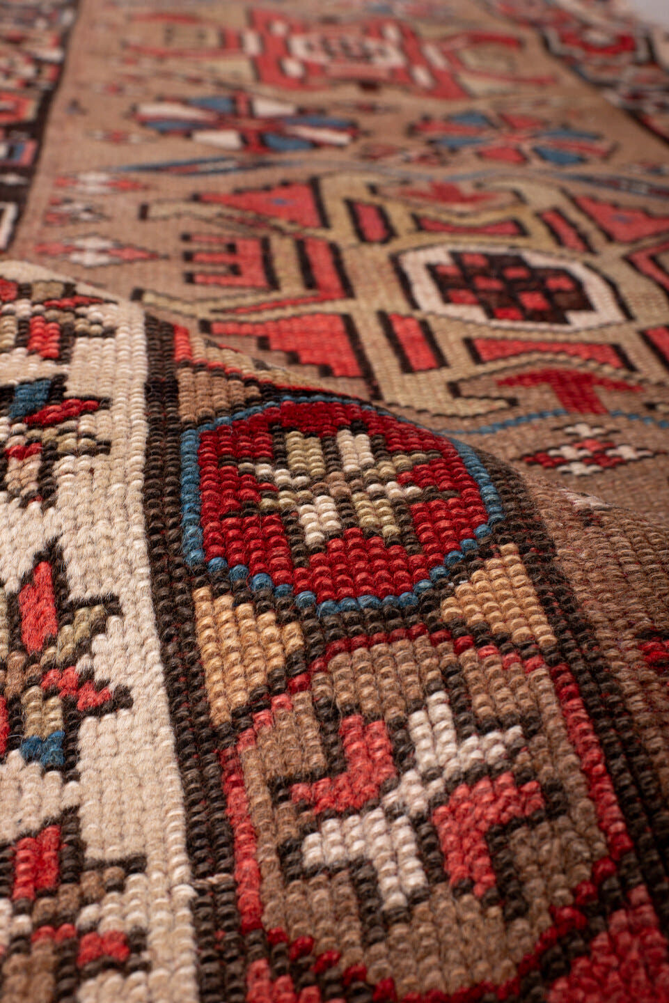 2' x 9' one-of-a-kind handmade antique NW Persian runner rug. Color palette: camel, rust, ivory, indigo, navy, crimson