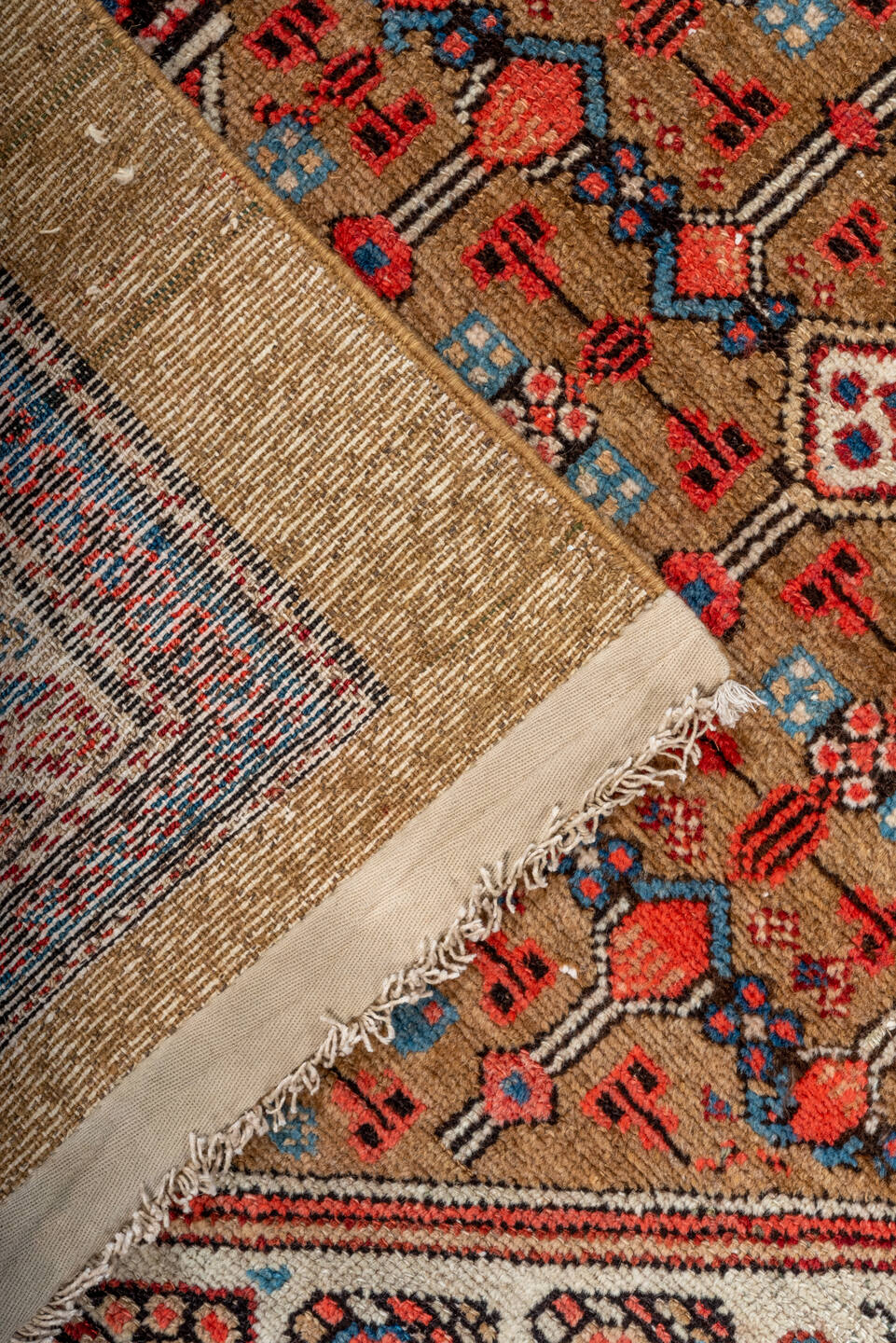 2' x 11' one-of-a-kind handmade antique Cam Hamadan runner rug. Color palette: camel, rust, ivory, indigo, blue, terracotta