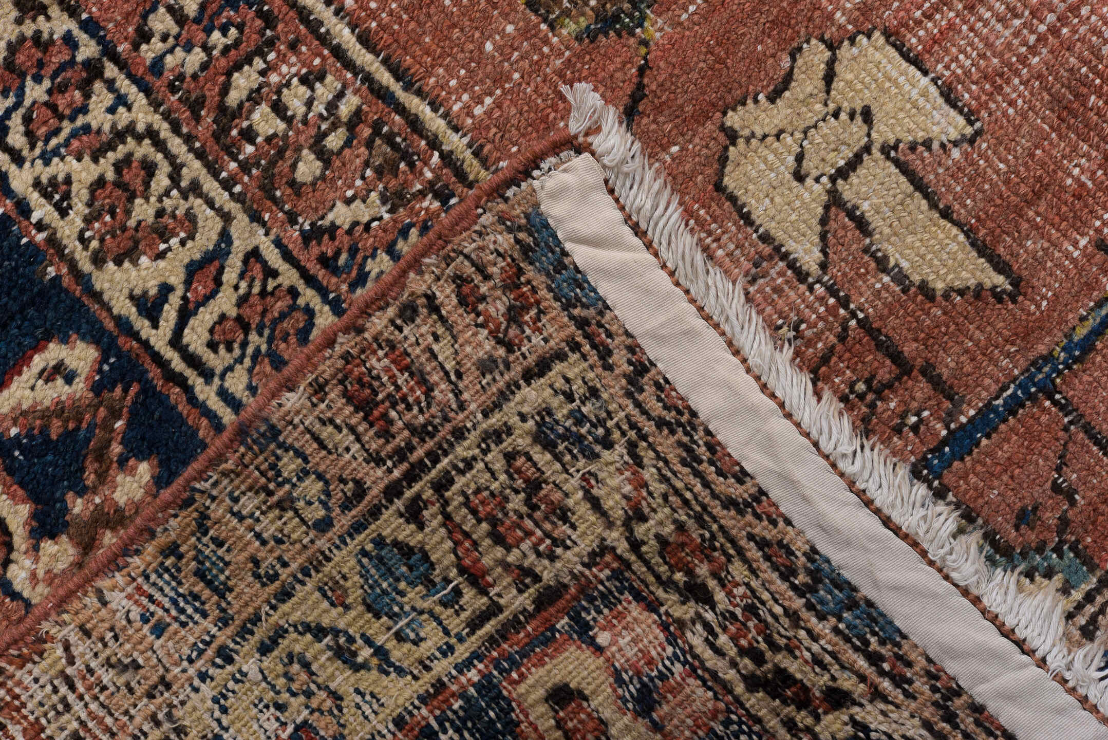 11' x 18' one-of-a-kind handmade vintage Serapi oversize rug. Color palette: arapawa, black, blue, brown, dark slate gray