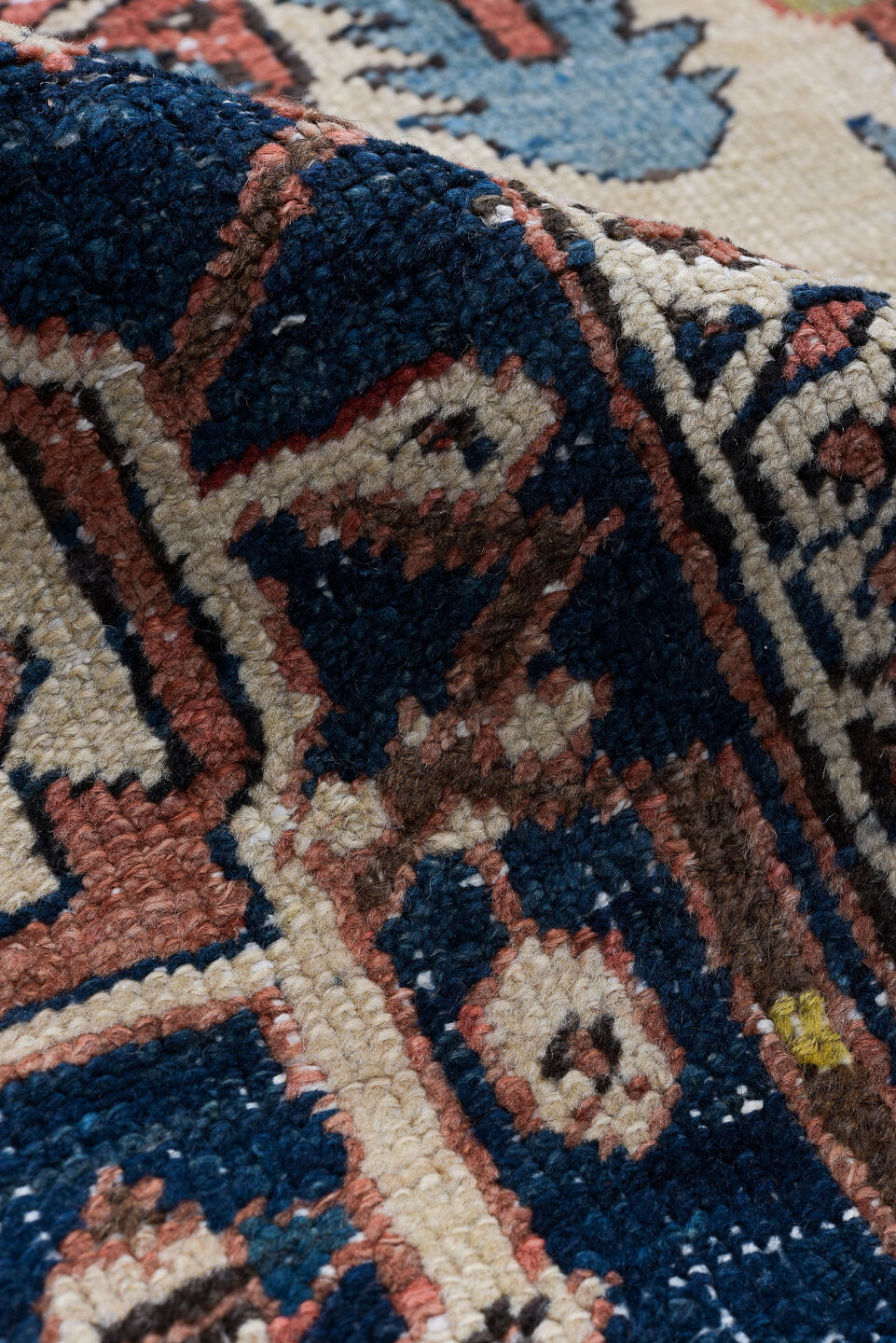 11' x 18' one-of-a-kind handmade vintage Serapi oversize rug. Color palette: arapawa, black, blue, brown, dark slate gray