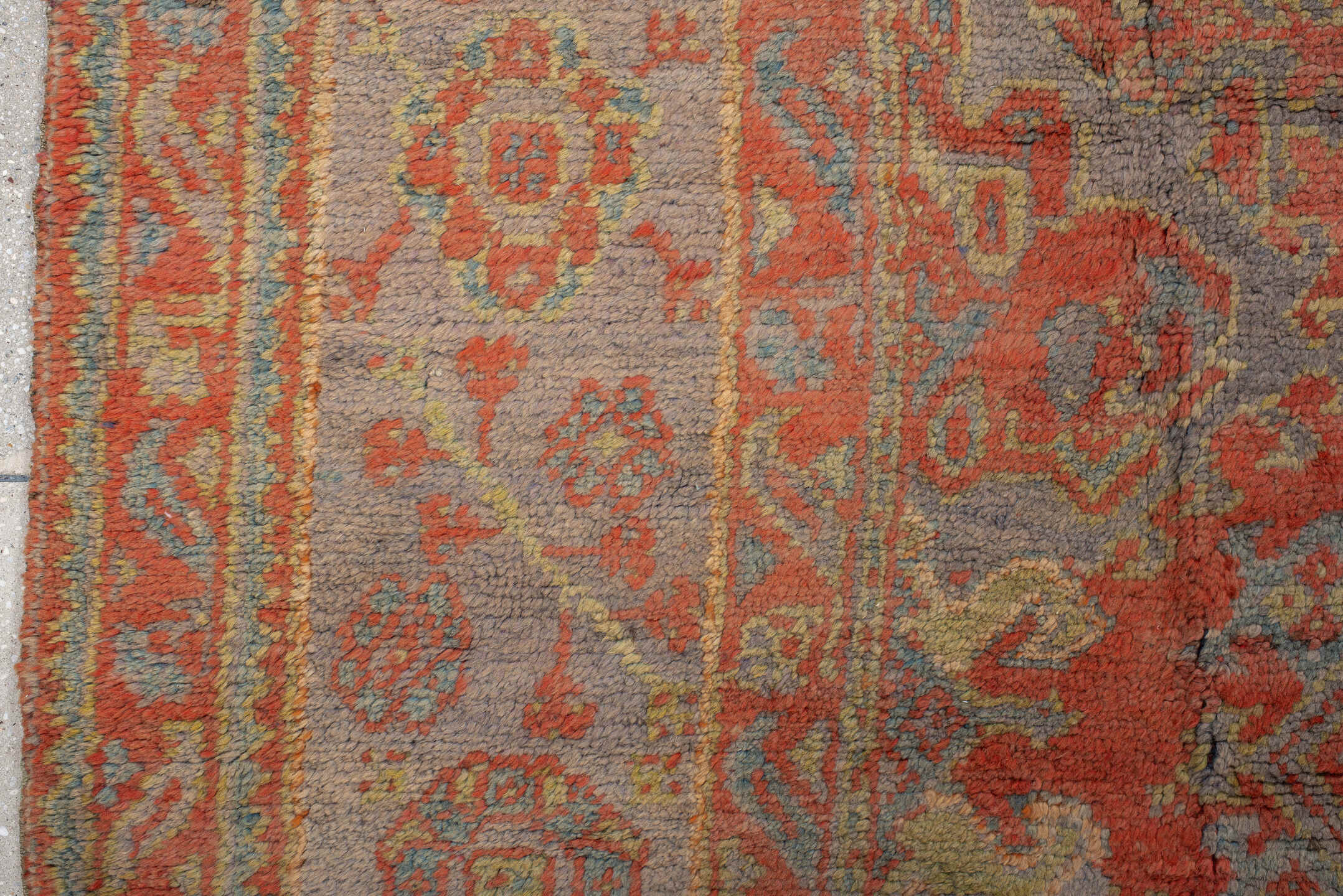 10' x 11' one-of-a-kind handmade antique Oushak large size rug. Color palette: terra cotta, gray, pale blue, ivory, rust