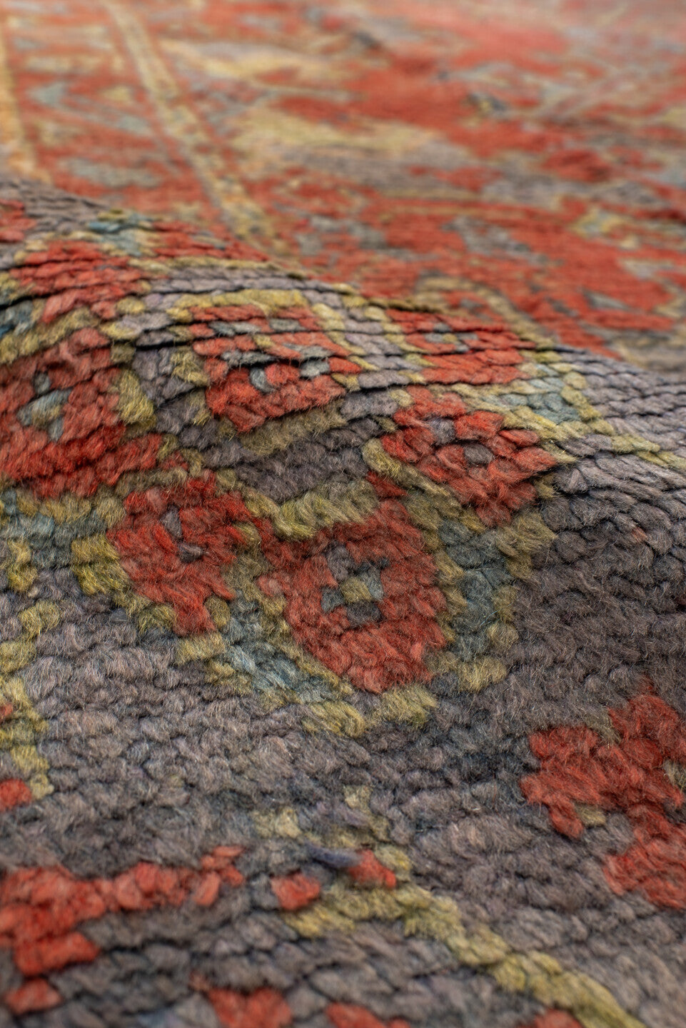 10' x 11' one-of-a-kind handmade antique Oushak large size rug. Color palette: terra cotta, gray, pale blue, ivory, rust