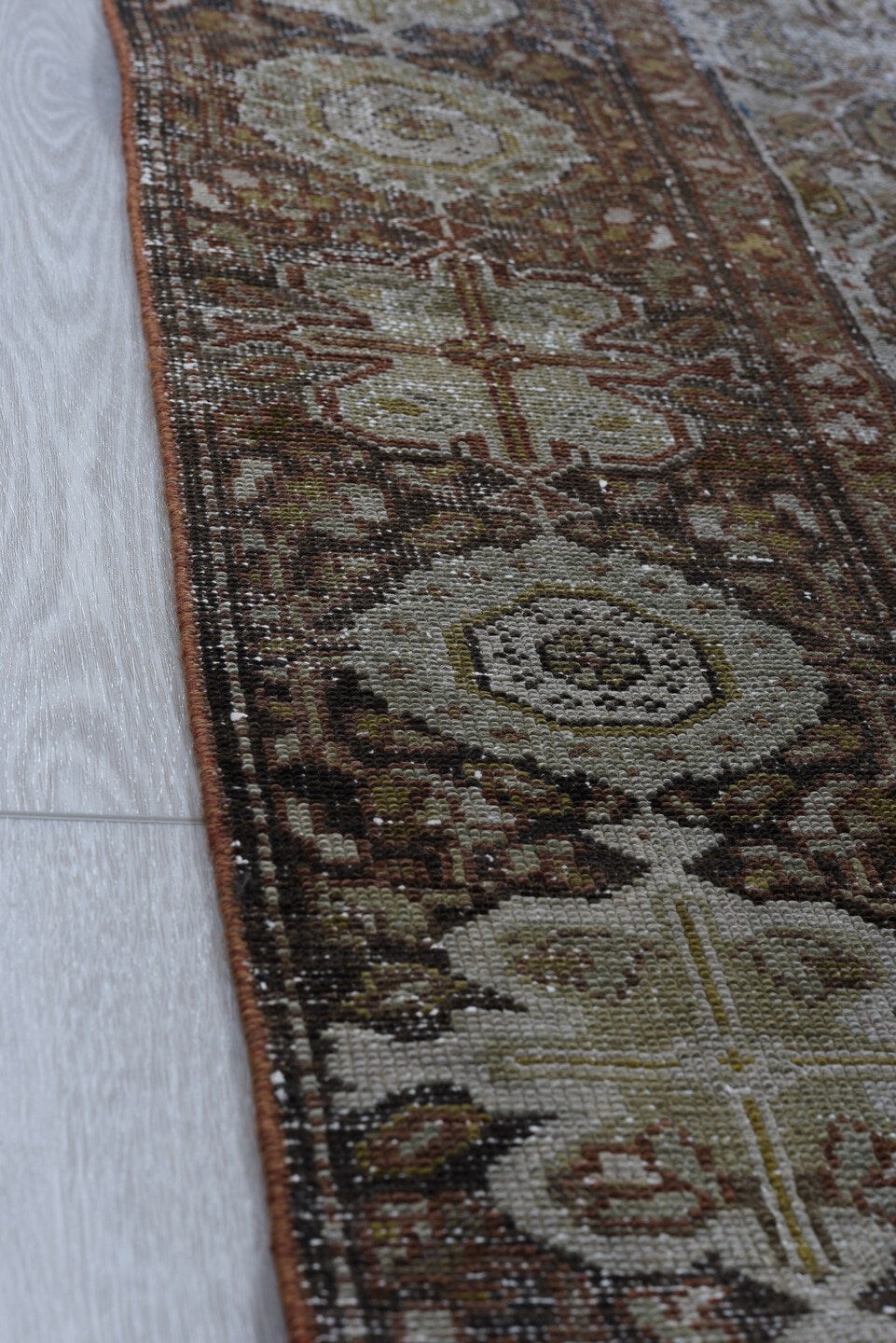 3' x 16' one-of-a-kind handmade vintage Malayer runner rug. Color palette: brown, taupe, ivory, rust, charcoal, camel, beige