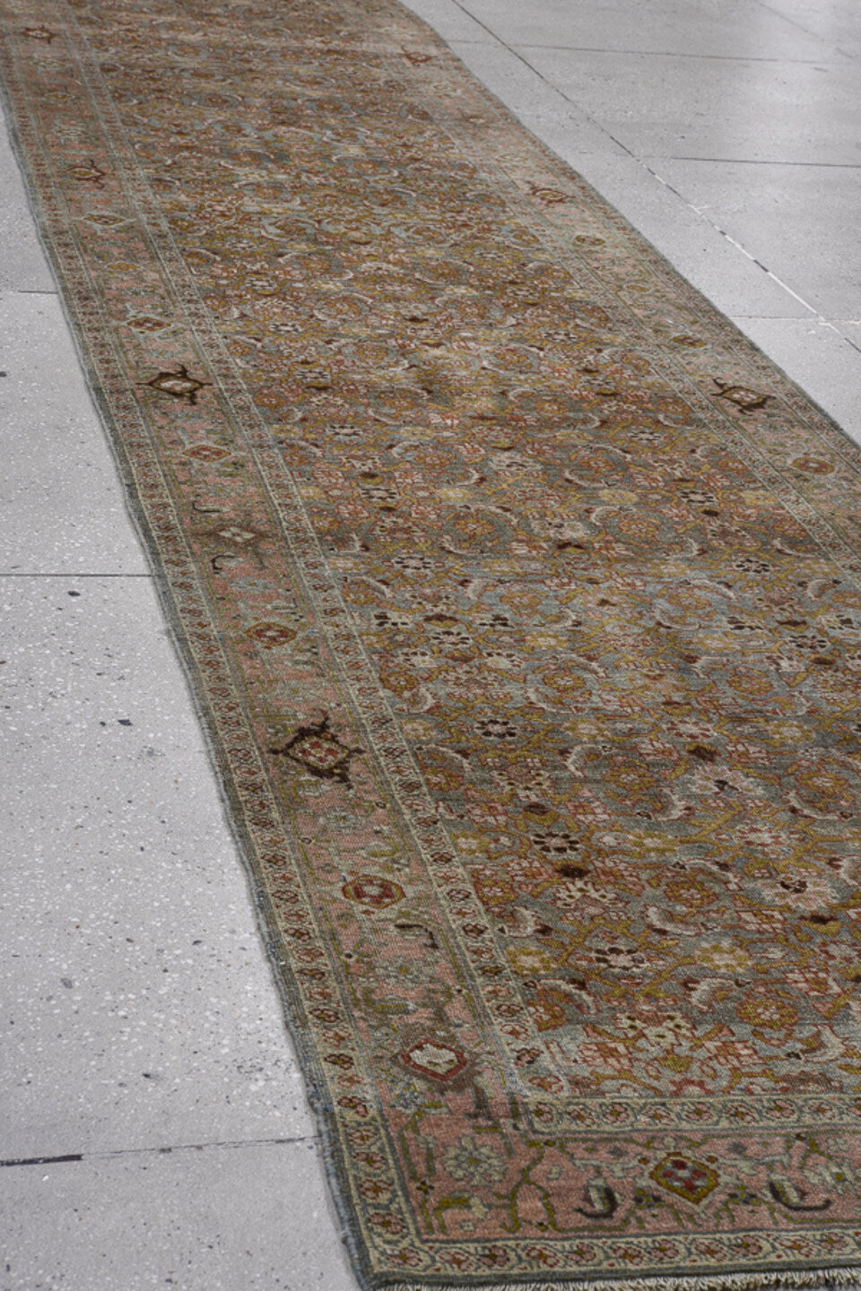 3' x 16' one-of-a-kind handmade antique Bidjar runner rug. Color palette: taupe, slate, ivory, rose, brown, sage, gold