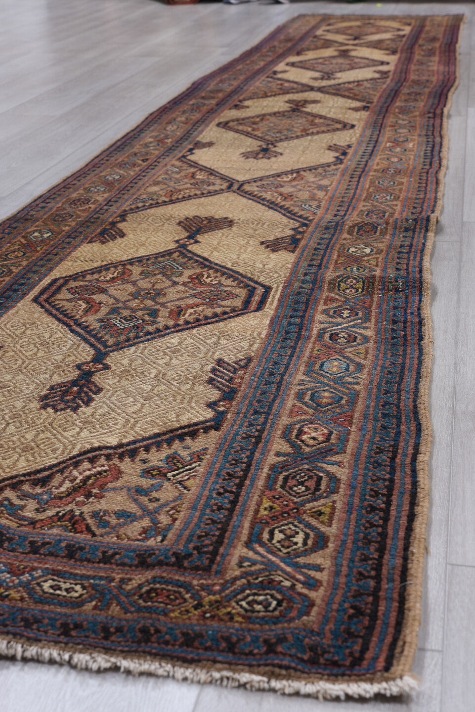 2' x 17' one-of-a-kind handmade vintage Cam Hamadan runner rug. Color palette: black, blue, brown, fiord, gray, red, redwood