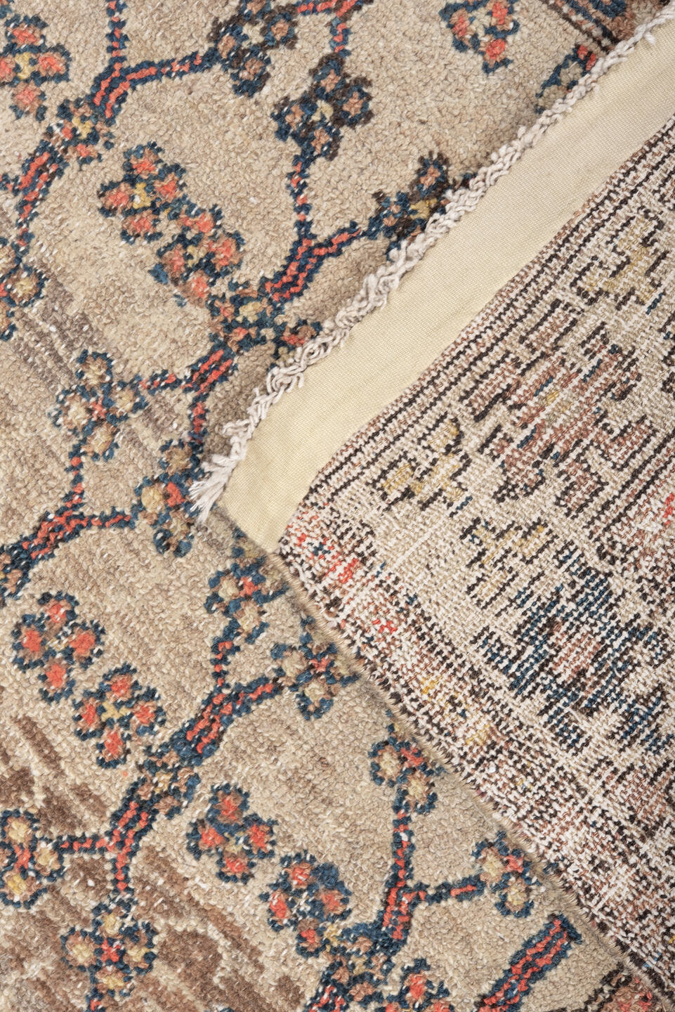 3' x 6' one-of-a-kind handmade antique Hamadan small size rug. Color palette: ivory, taupe, navy, coral, brown, teal