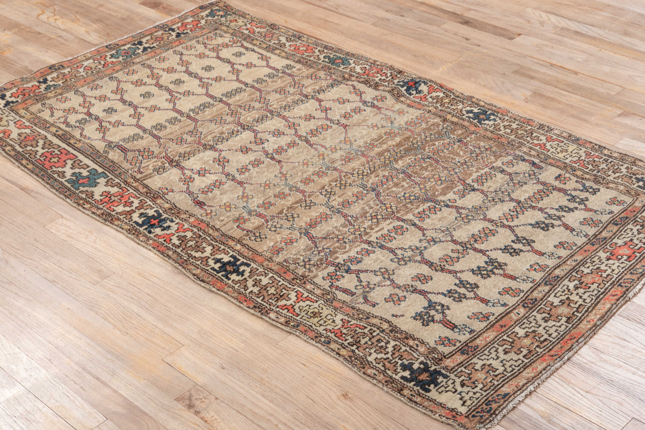 3' x 6' one-of-a-kind handmade antique Hamadan small size rug. Color palette: ivory, taupe, navy, coral, brown, teal