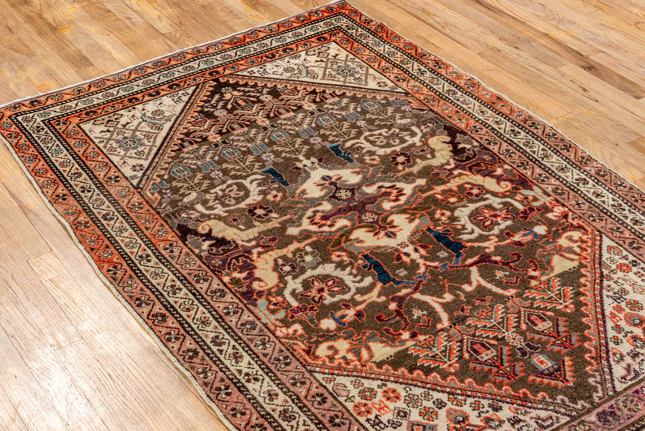 3' x 5' one-of-a-kind handmade vintage Malayer small size rug. Color palette: black, brown, gray, off-white, orange, pink