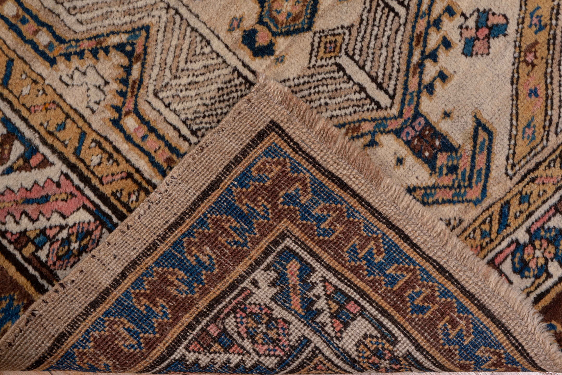 3' x 14' one-of-a-kind handmade vintage Sarab runner rug. Color palette: brown, blue, gray, black, off-white, light gray