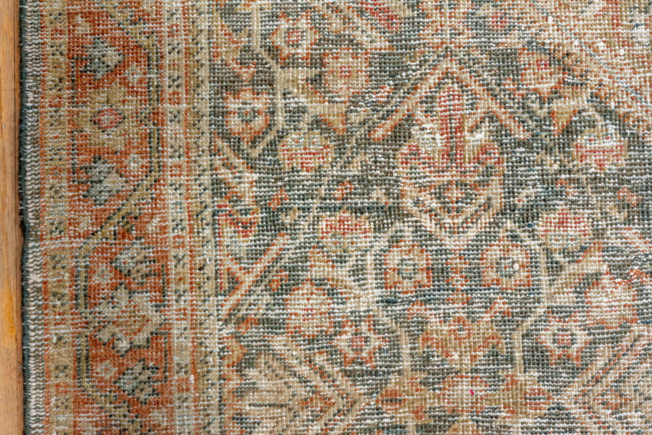 4' x 6' one-of-a-kind handmade antique Mahal small size rug. Color palette: ivory, rust, slate, taupe, terra cotta, sage