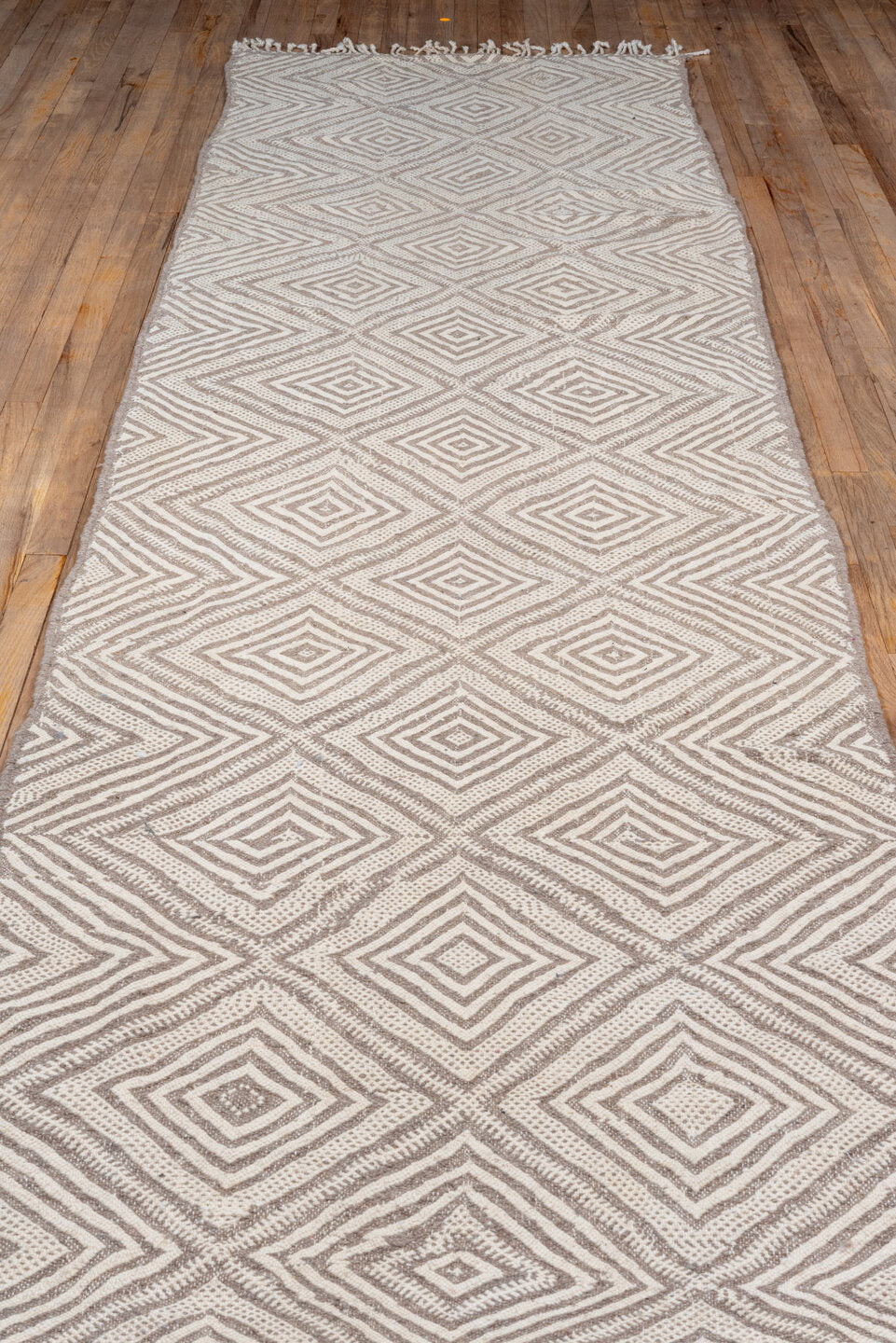 3' x 13' one-of-a-kind handmade vintage Kilim runner rug. Color palette: brown, gray, light gray, off-white, orange, pink