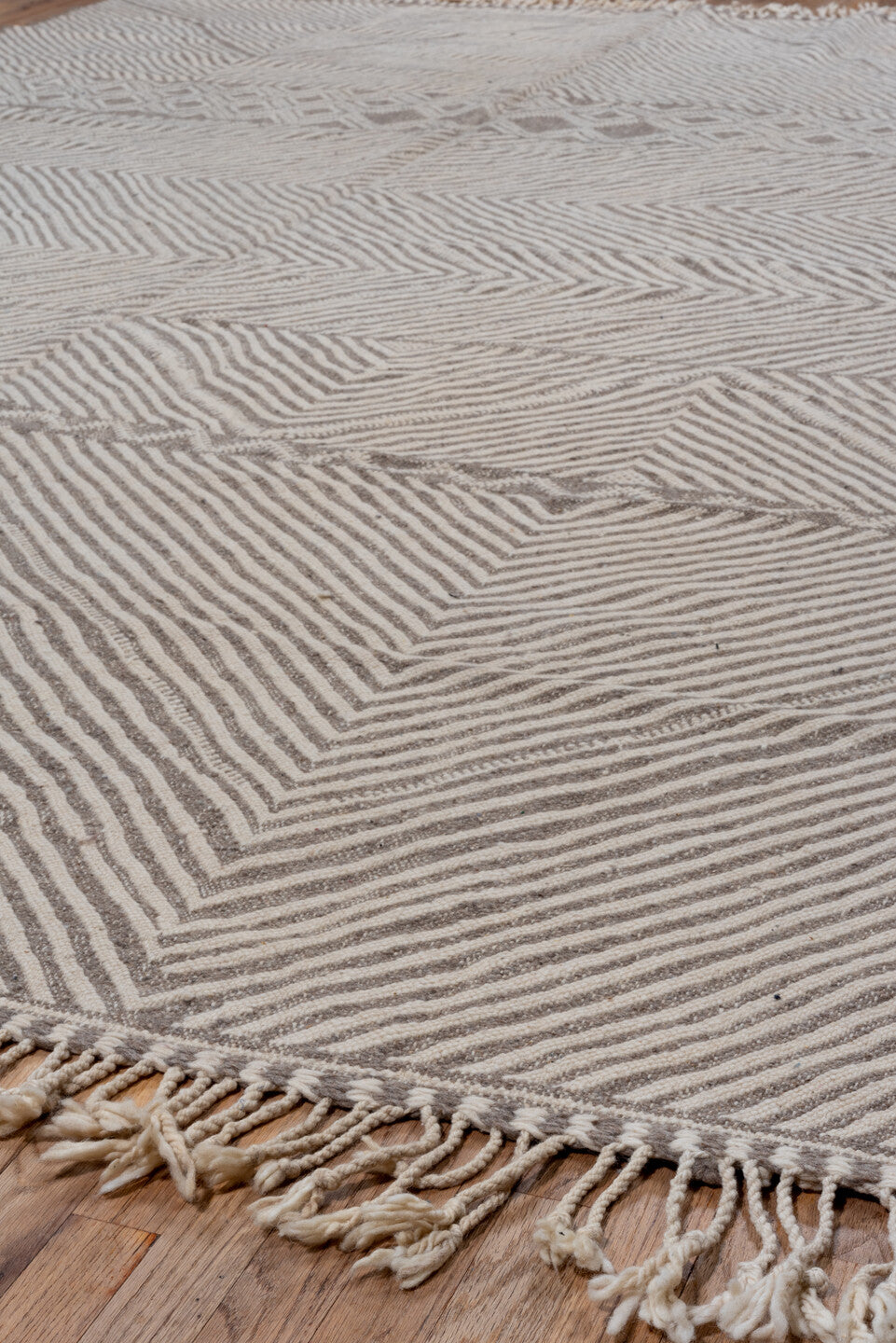 9' x 13' one-of-a-kind handmade vintage Kilim large size rug. Color palette: brown, gray, light gray, off-white, pink
