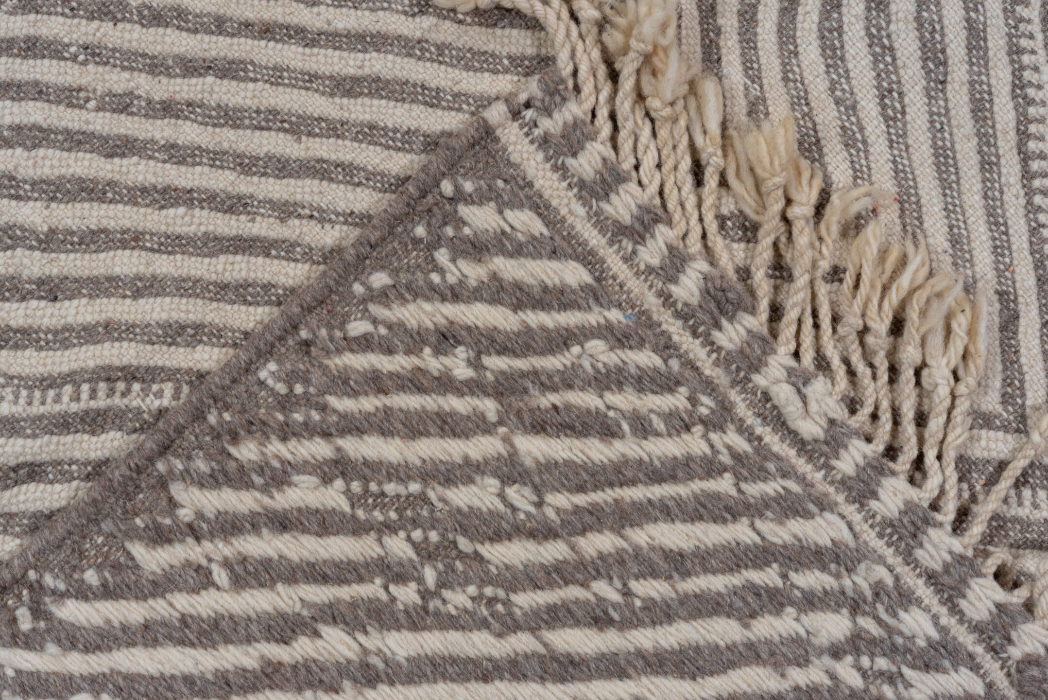 9' x 13' one-of-a-kind handmade vintage Kilim large size rug. Color palette: brown, gray, light gray, off-white, pink