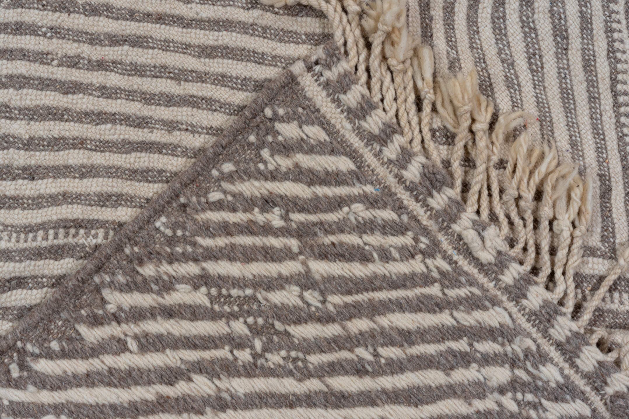 9' x 13' one-of-a-kind handmade vintage Kilim large size rug. Color palette: ivory, taupe, beige, gray