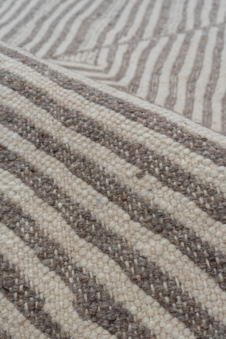 9' x 13' one-of-a-kind handmade vintage Kilim large size rug. Color palette: brown, gray, light gray, off-white, pink