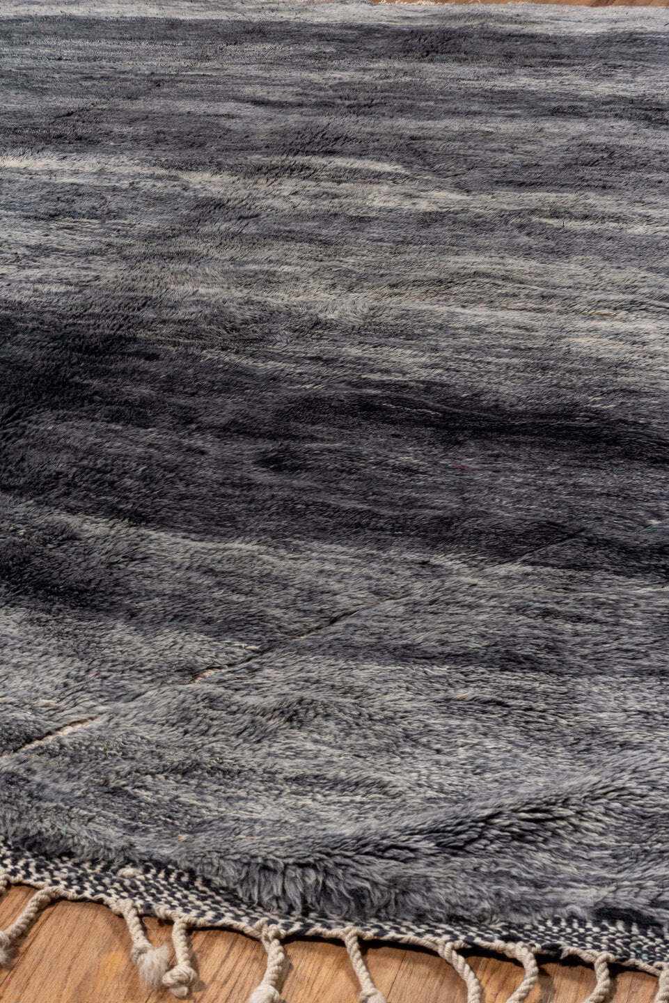 11' x 14' one-of-a-kind handmade vintage Moroccan oversize rug. Color palette: black, blue, charcoal, dark gray, dim gray