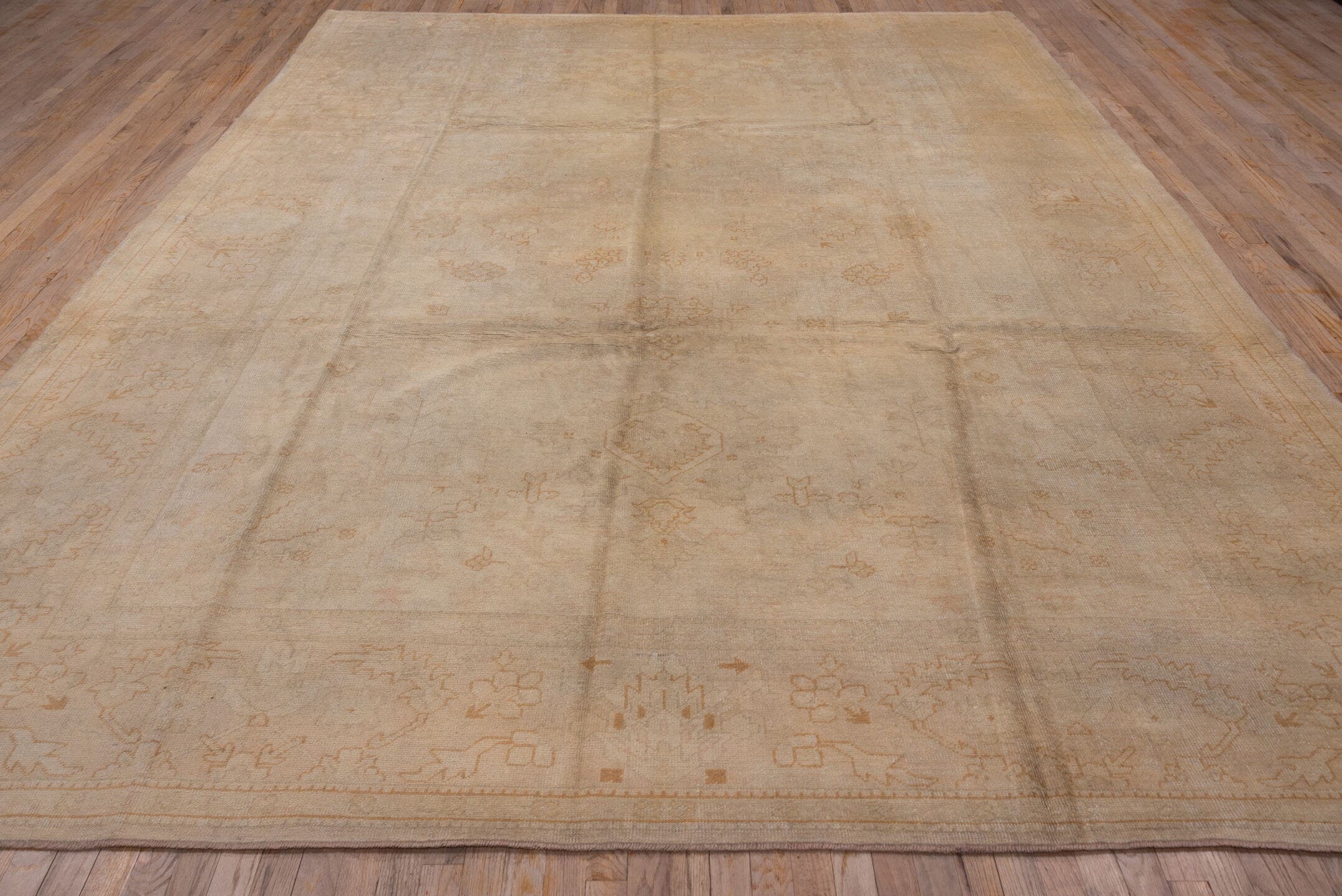 9' x 13' one-of-a-kind handmade antique Oushak large size rug. Color palette: ivory, beige, cream, pale peach, taupe