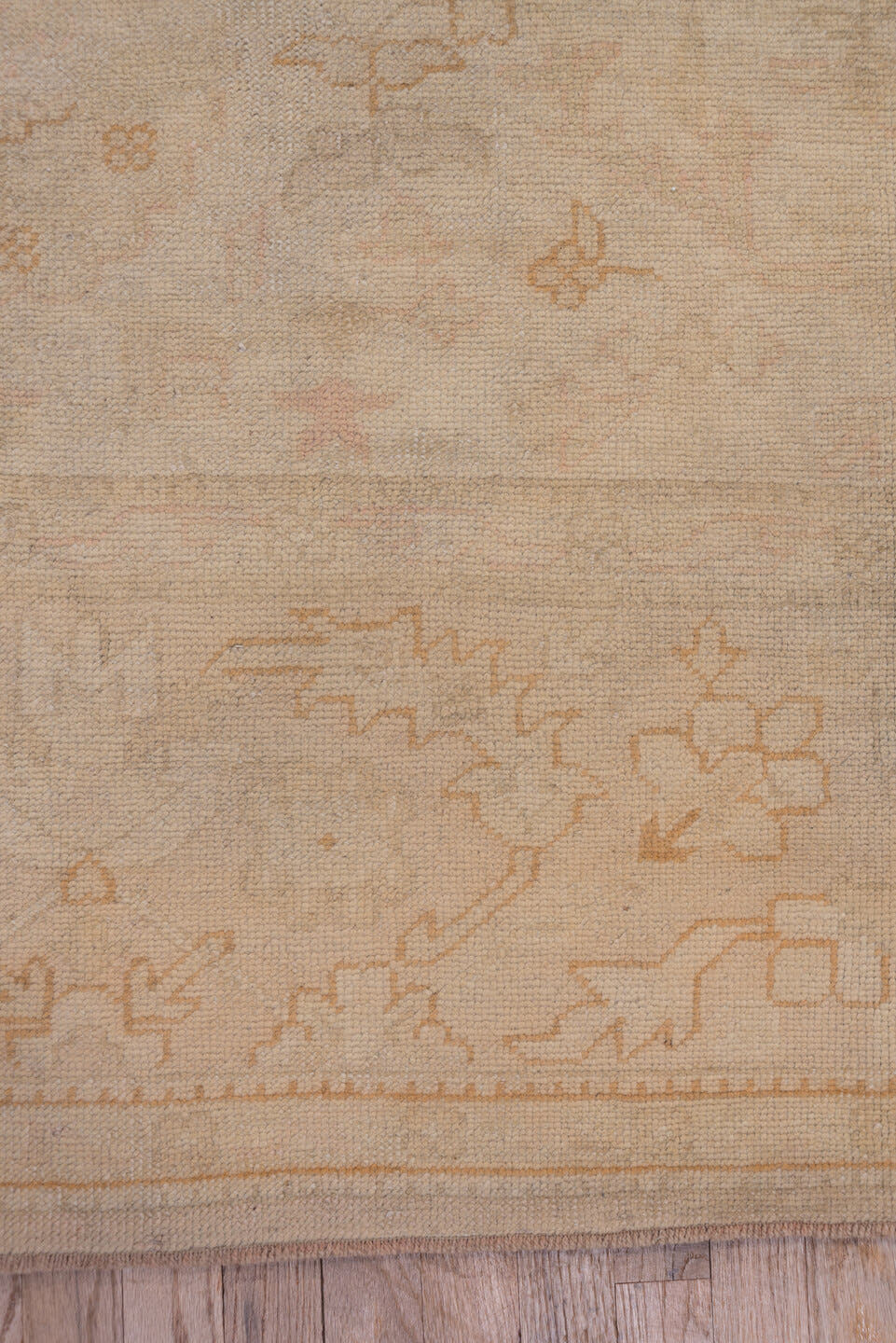 9' x 13' one-of-a-kind handmade antique Oushak large size rug. Color palette: ivory, beige, cream, pale peach, taupe