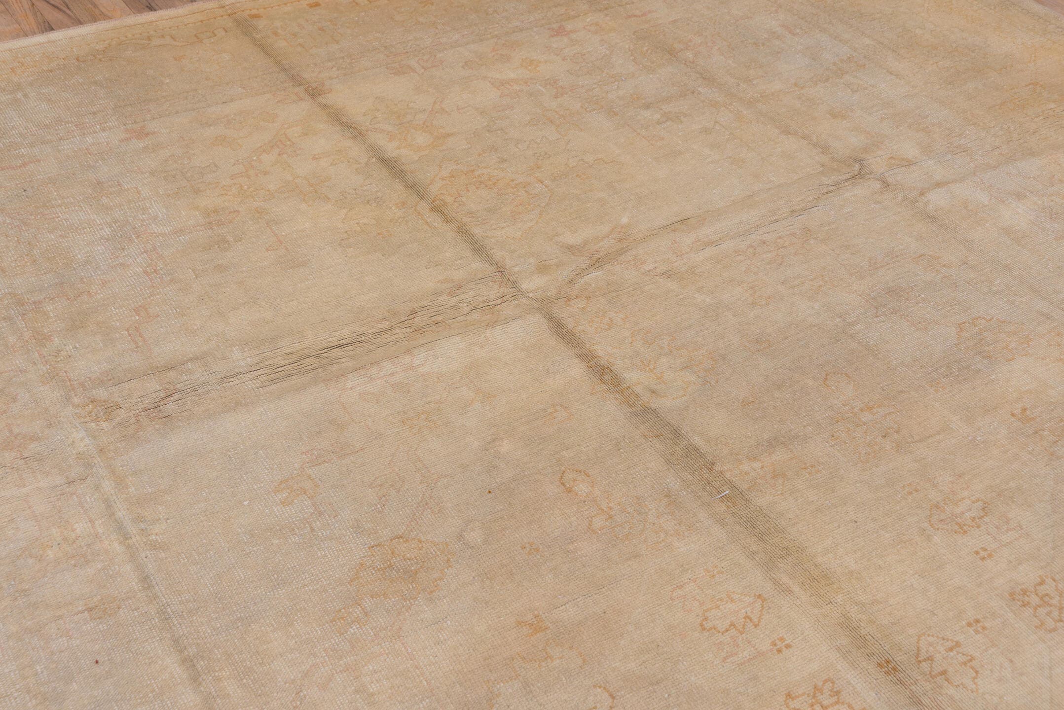 9' x 13' one-of-a-kind handmade antique Oushak large size rug. Color palette: ivory, beige, cream, pale peach, taupe