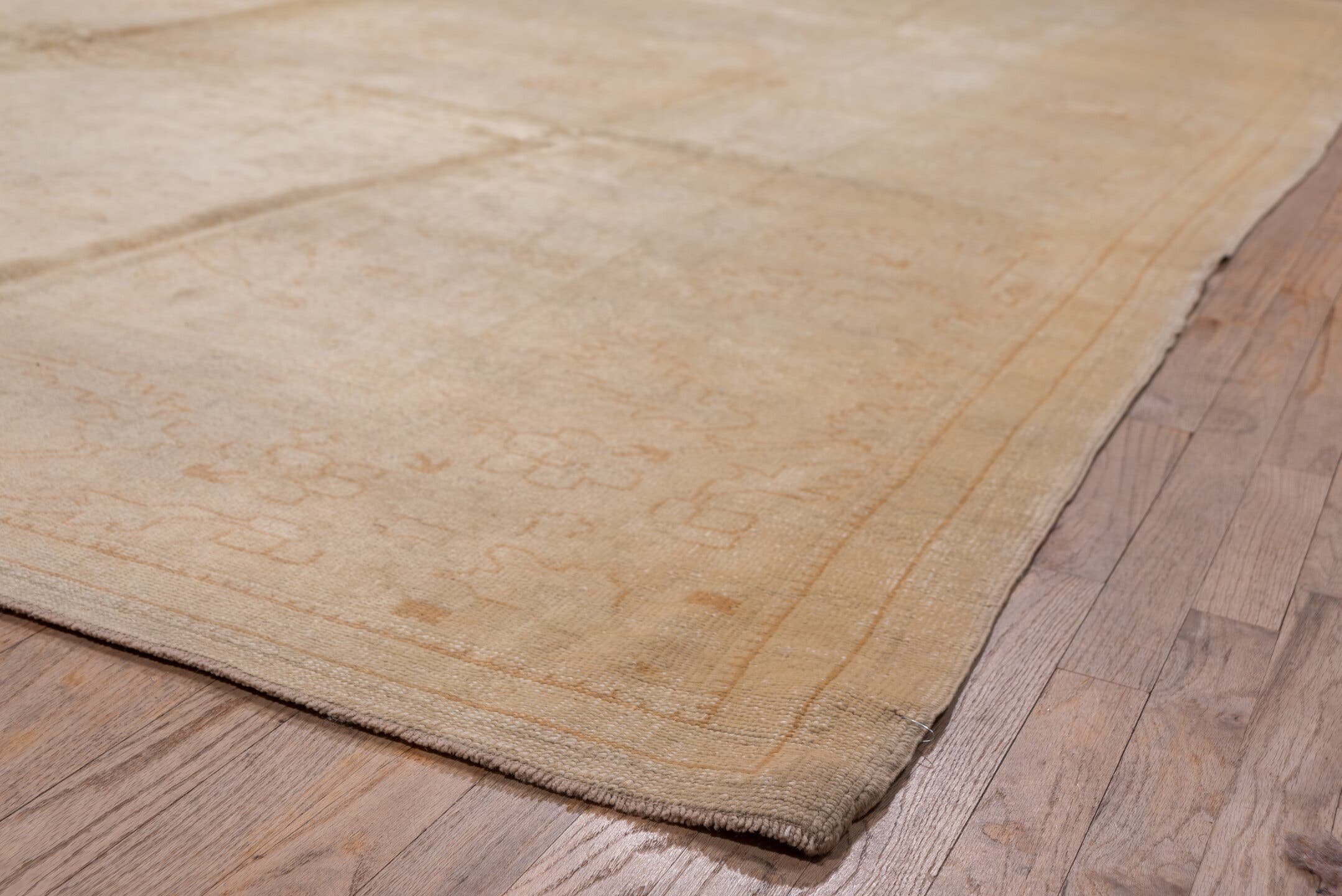 9' x 13' one-of-a-kind handmade antique Oushak large size rug. Color palette: ivory, beige, cream, pale peach, taupe