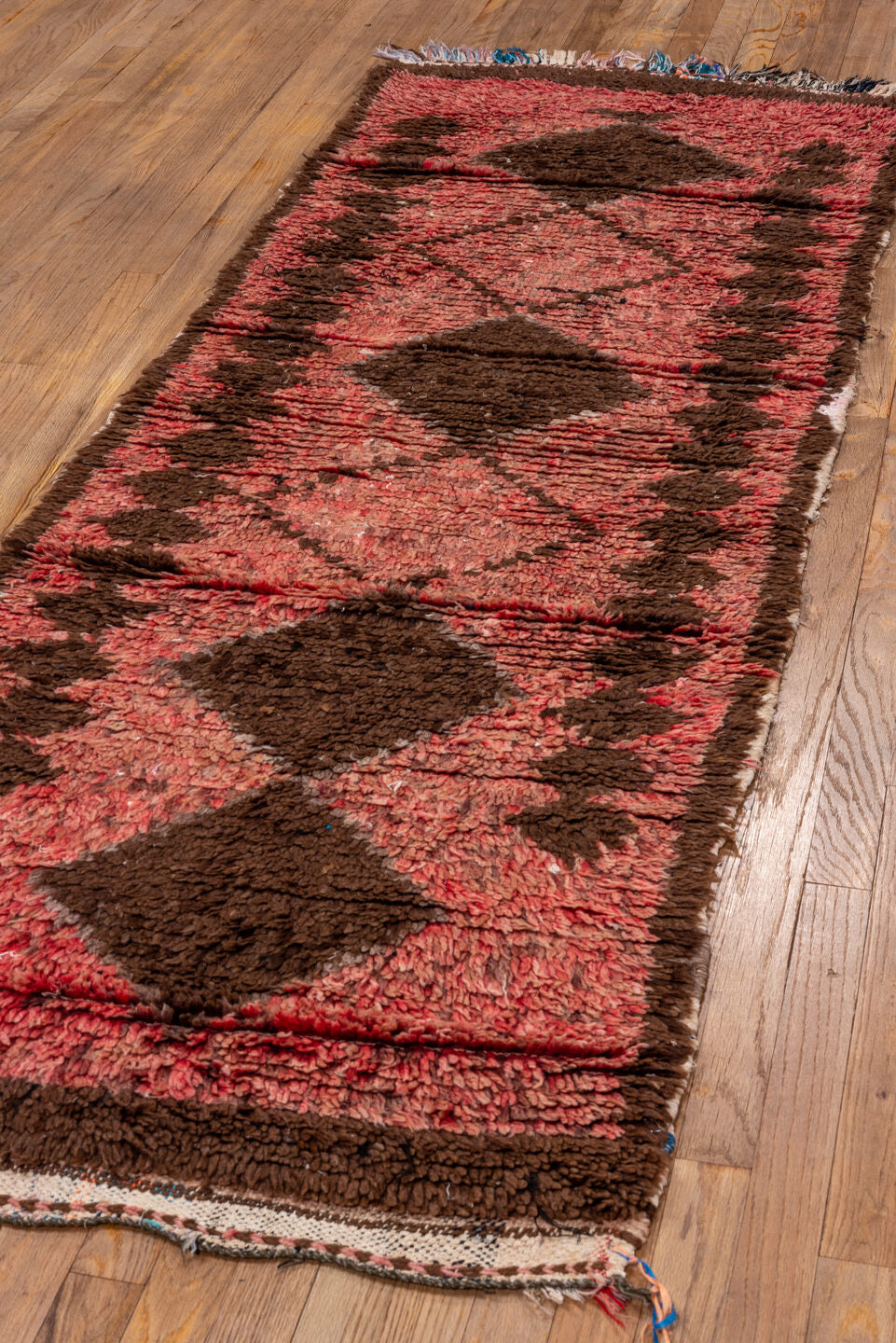 2' x 8' one-of-a-kind handmade vintage Moroccan runner rug. Color palette: rose, brown, dusty pink, mahogany, taupe, ivory