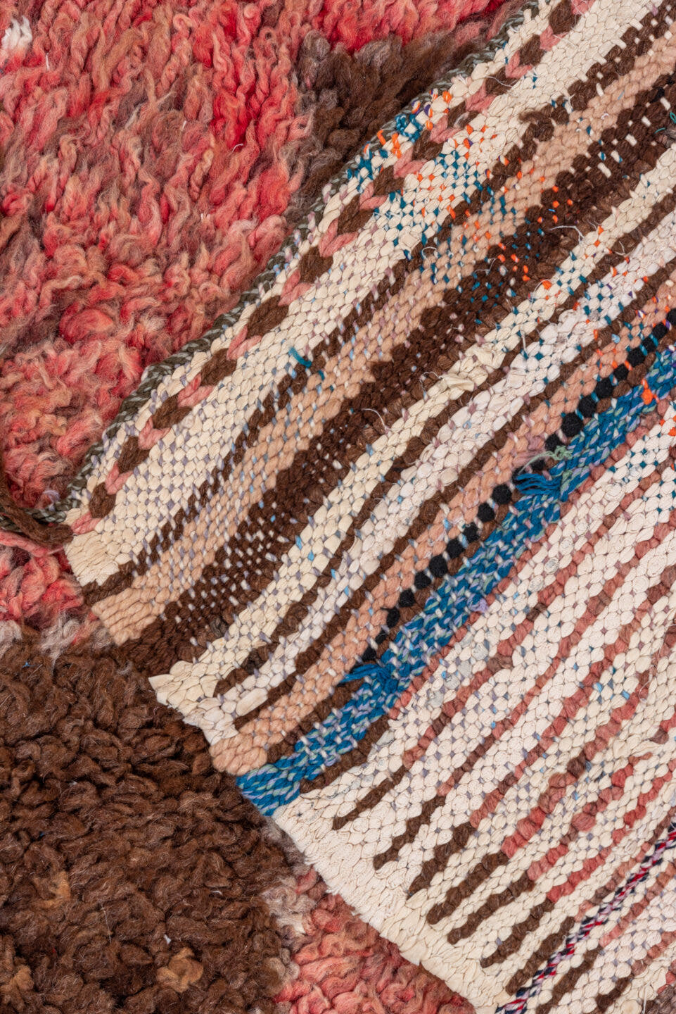 2' x 8' one-of-a-kind handmade vintage Moroccan runner rug. Color palette: rose, brown, dusty pink, mahogany, taupe, ivory