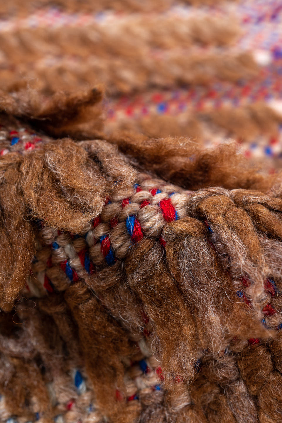 3' x 7' one-of-a-kind handmade vintage Moroccan rug. Color palette: brown, taupe, ivory, blush, saffron, rose, sky_blue