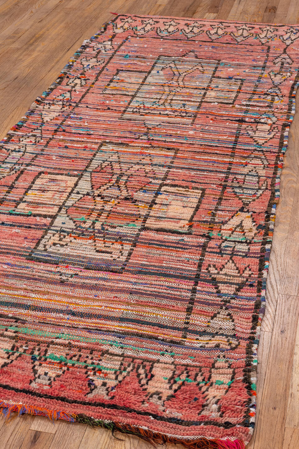 3' x 8' one-of-a-kind handmade vintage Moroccan runner rug. Color palette: rose, ivory, charcoal, taupe, turquoise, rust