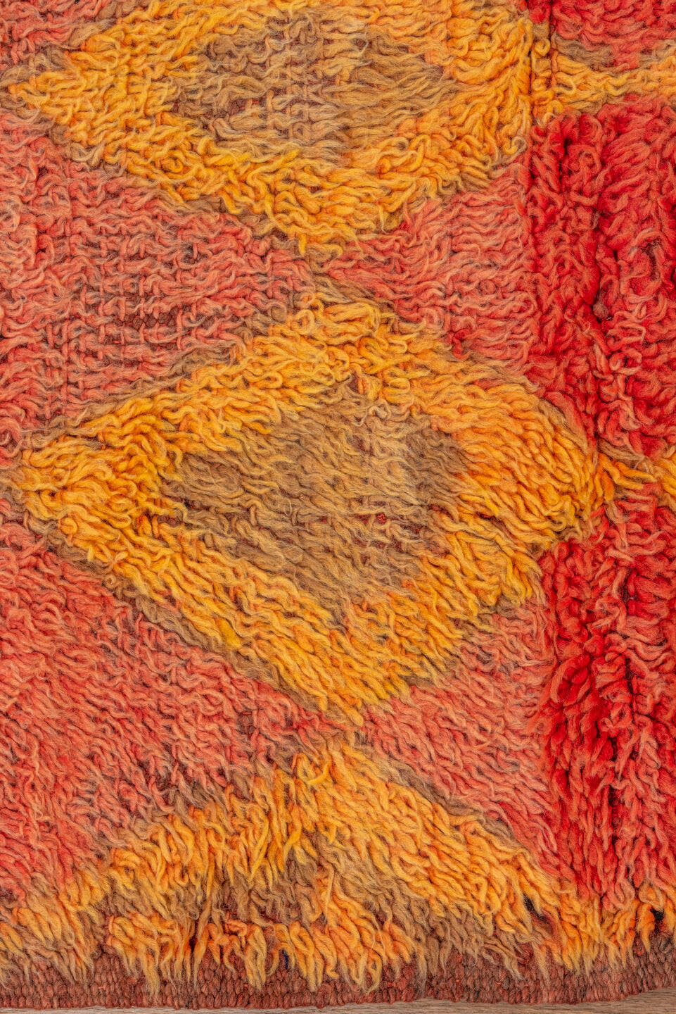 3' x 10' one-of-a-kind handmade vintage Moroccan runner rug. Color palette: coral, saffron, terra cotta, taupe, rose, camel