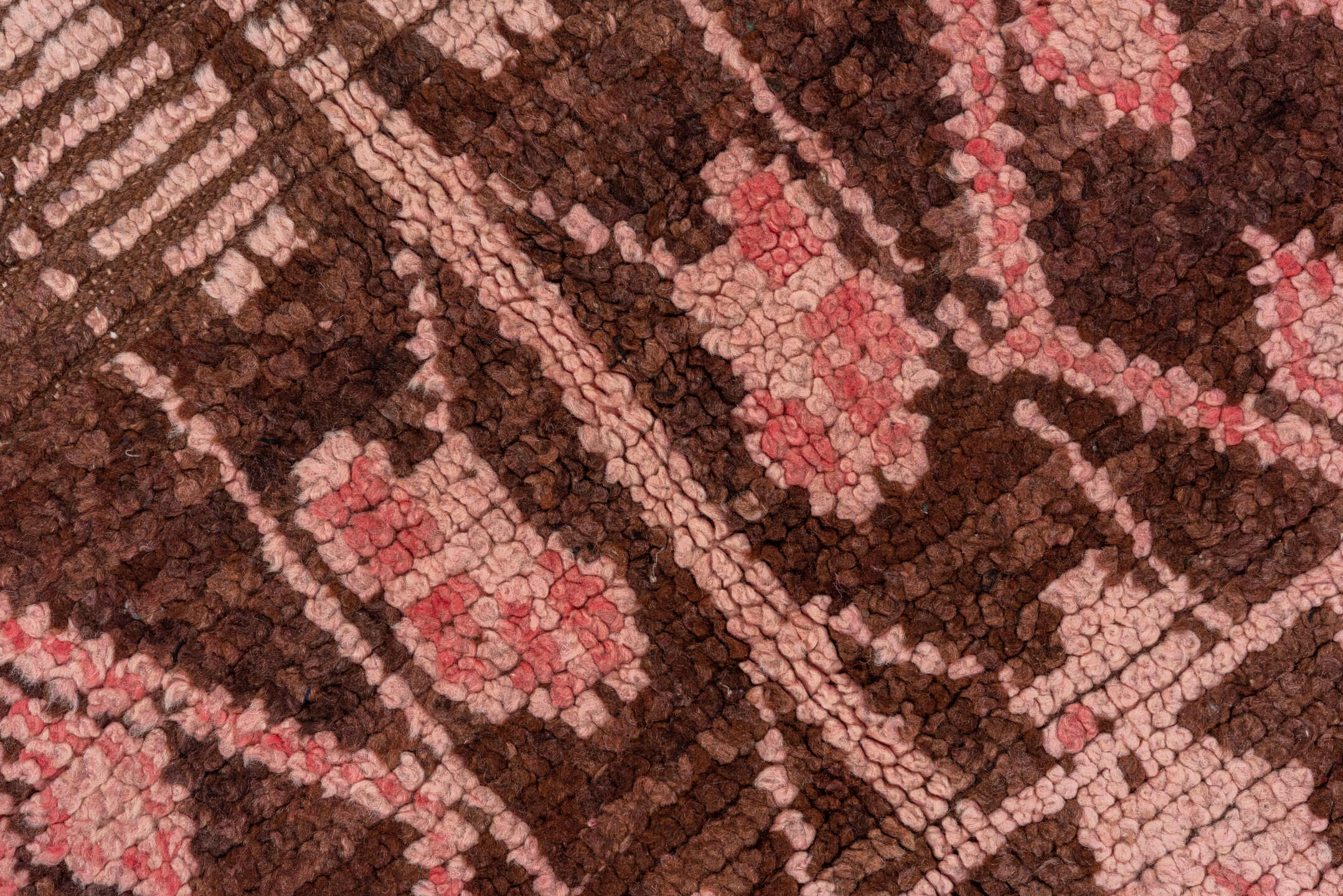 3' x 6' one-of-a-kind handmade vintage Moroccan small size rug. Color palette: brown, pink, red