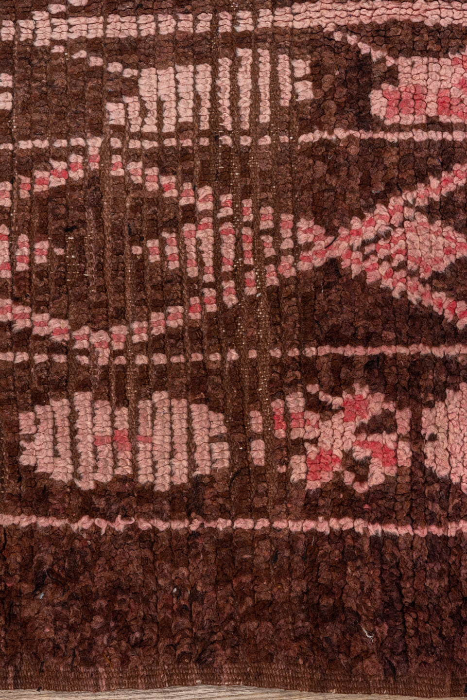 3' x 6' one-of-a-kind handmade vintage Moroccan small size rug. Color palette: brown, pink, red