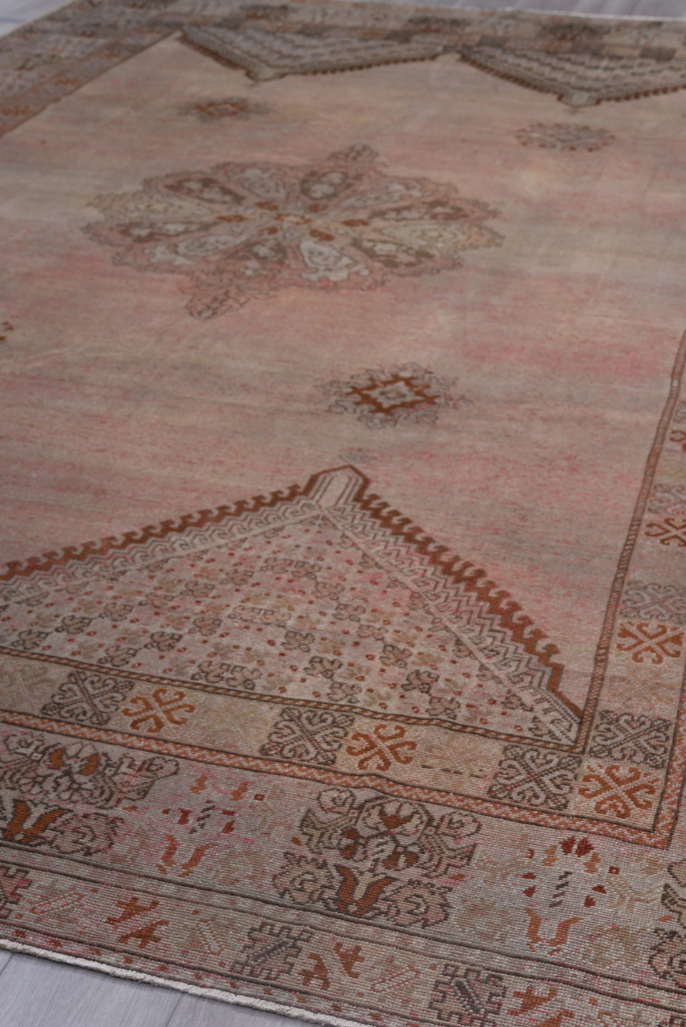 8' x 13' one-of-a-kind handmade vintage Moroccan large size rug. Color palette: black, brown, gray, light gray, pink