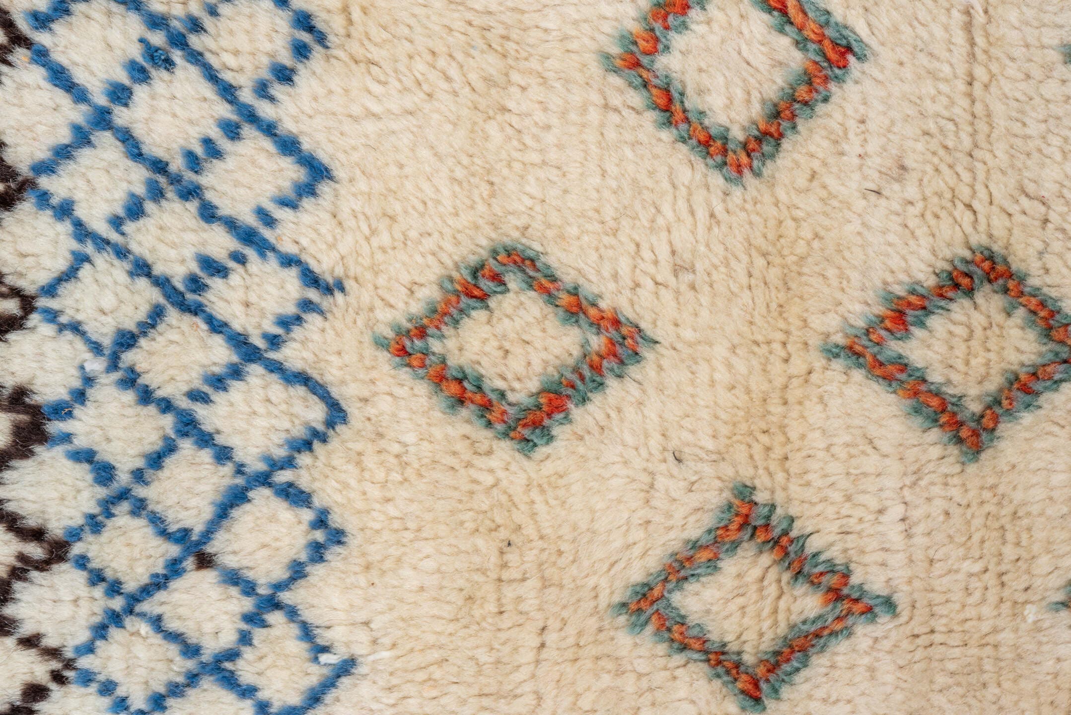 7' x 10' one-of-a-kind handmade vintage Moroccan large size rug. Color palette: ivory, gold, charcoal, sky_blue, teal