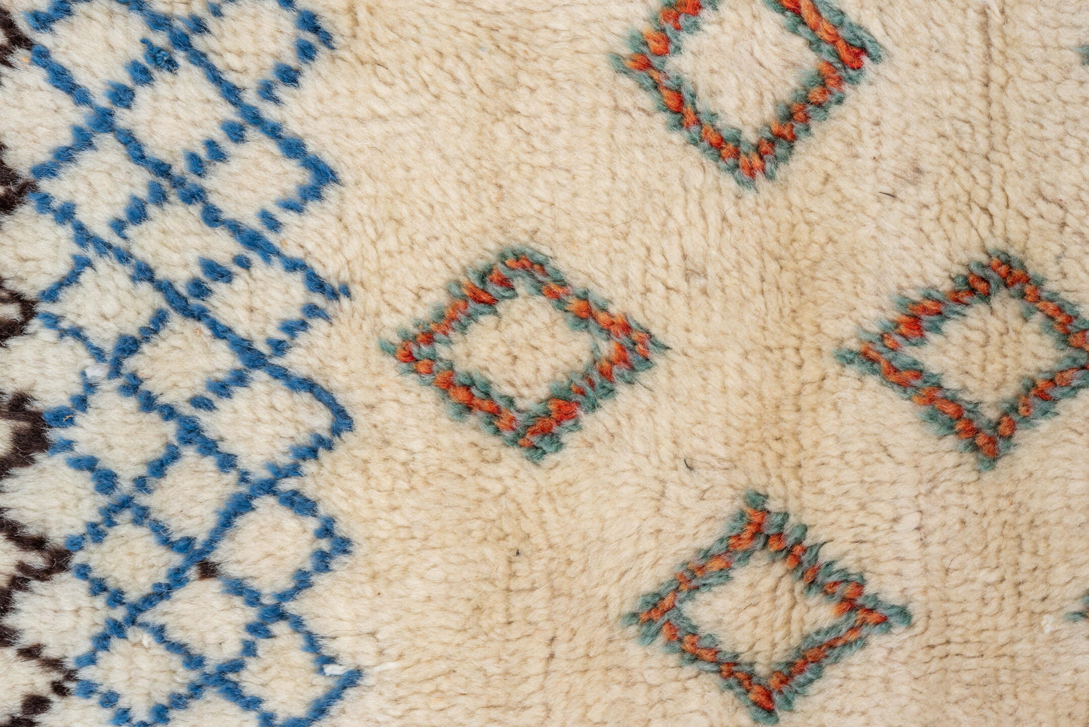 7' x 10' one-of-a-kind handmade vintage Moroccan large size rug. Color palette: ivory, gold, charcoal, sky_blue, teal