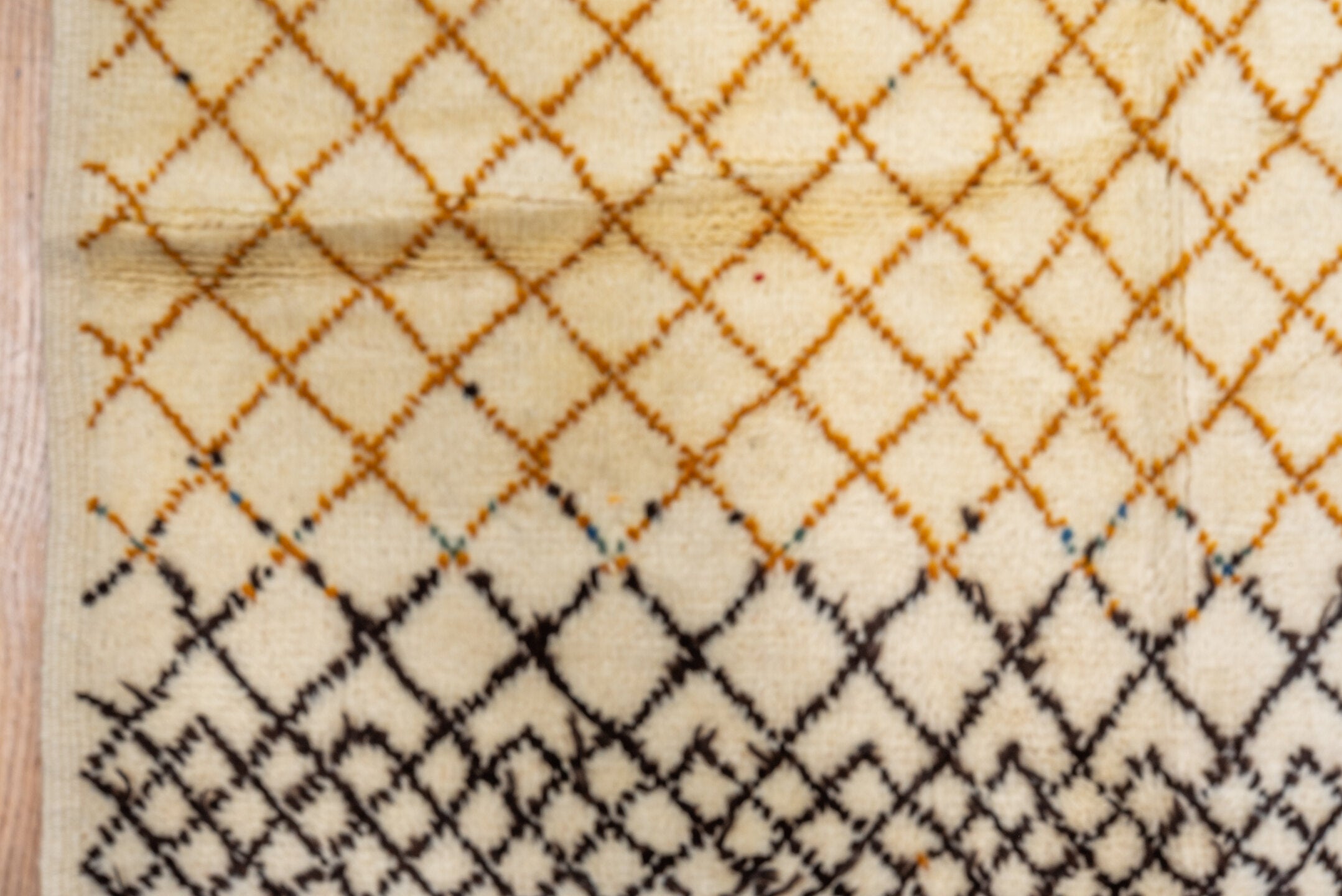 7' x 10' one-of-a-kind handmade vintage Moroccan large size rug. Color palette: arapawa, blue, brown, burlywood, gray