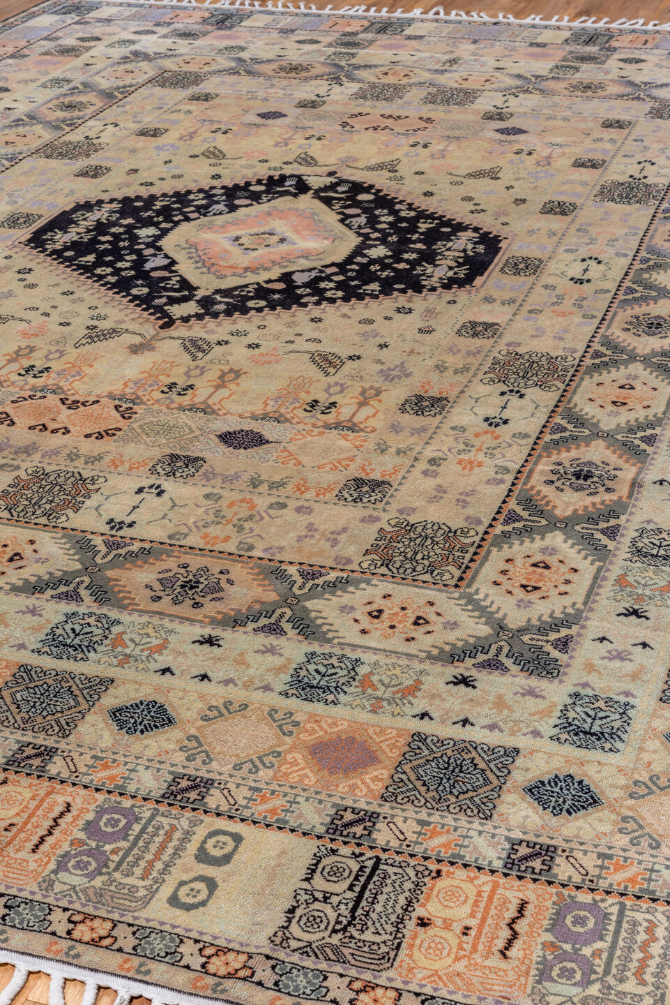 9' x 13' one-of-a-kind handmade vintage Moroccan large size rug. Color palette: black, blue, brown, charcoal, dim gray, gray