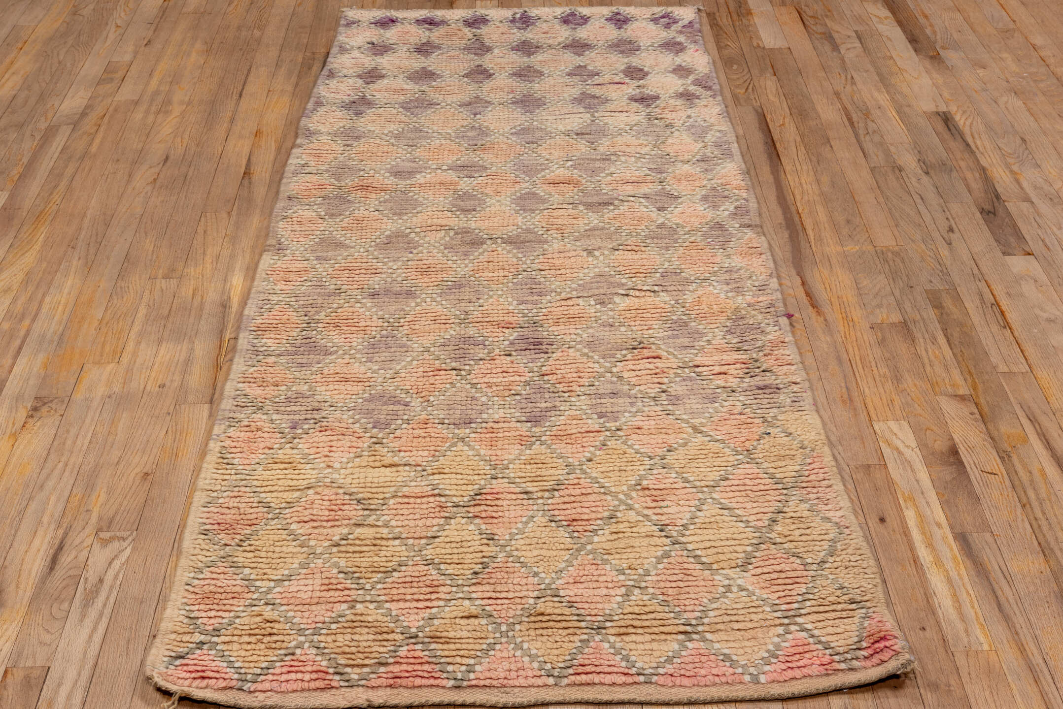 3' x 8' one-of-a-kind handmade vintage Moroccan runner rug. Color palette: bisque, brown, off-white, orange, peach puff